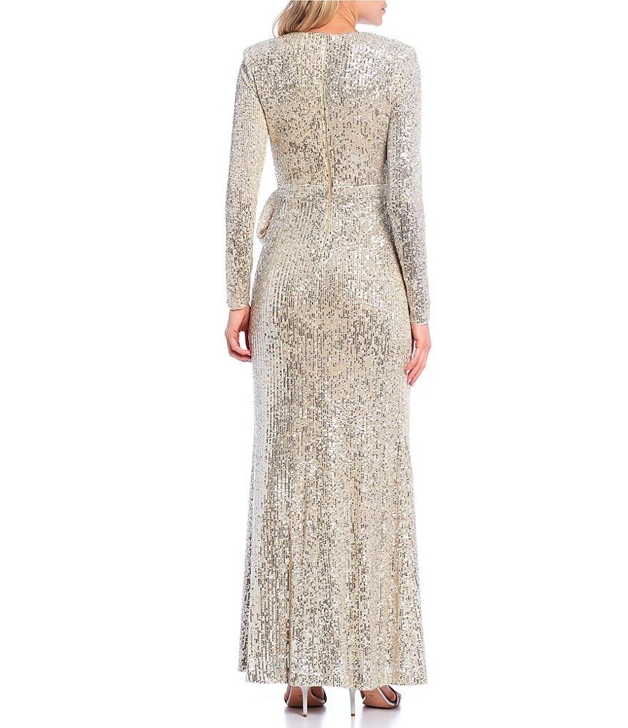 Eliza J Sequined Long Sleeve V-Neck Mesh Bow Waist Gown