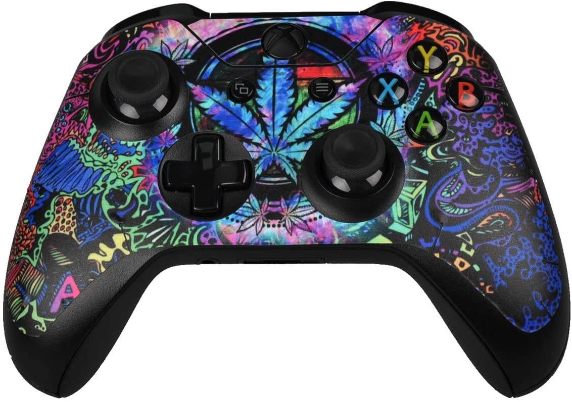 eXtremeRate Full Set Faceplates Skin Stickers for Xbox One X Console Controller with 2 Pcs Home Button Decals - Psychedelic Cannabis