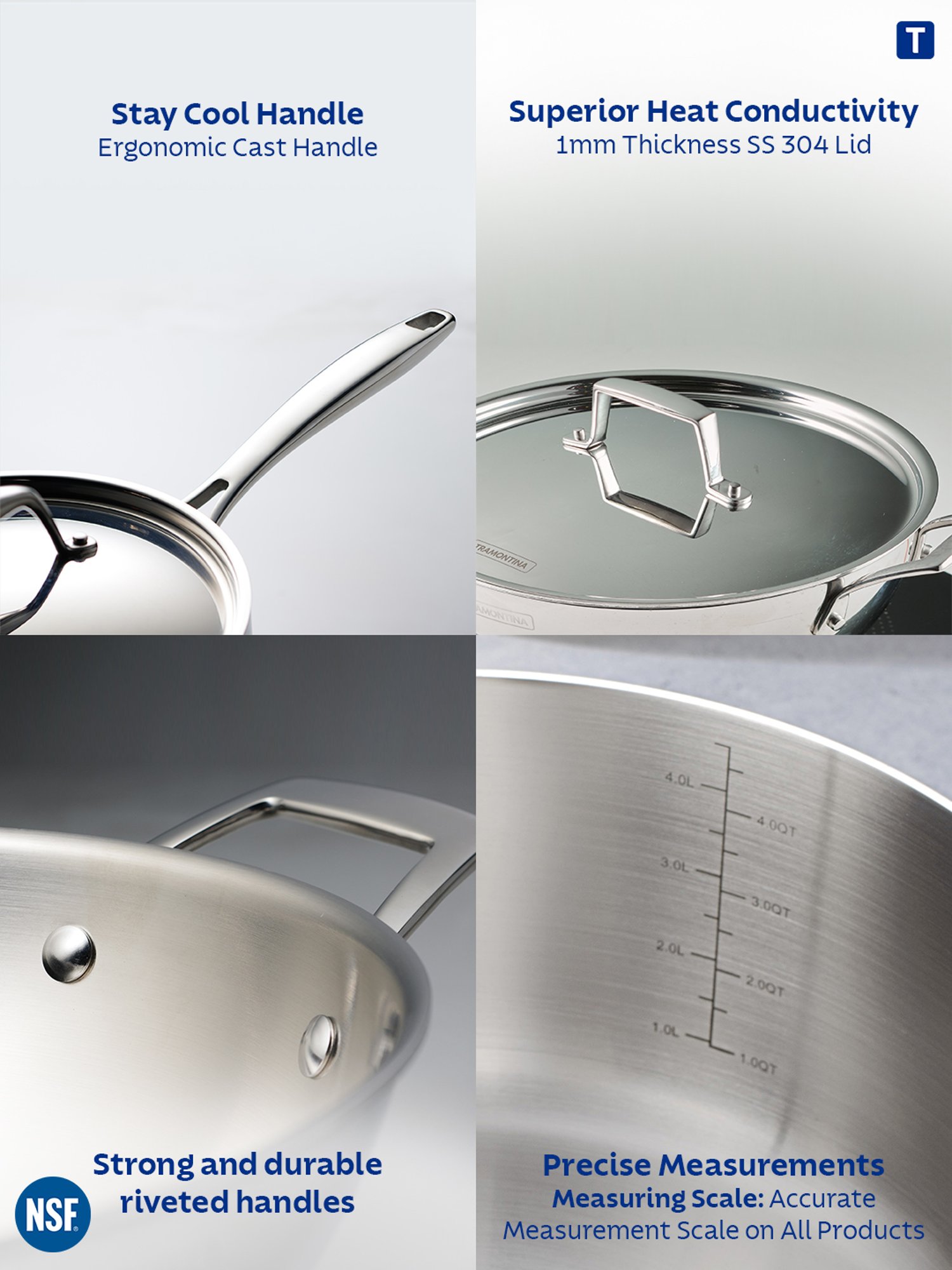 Tramontina Aeion Triply Non-Toxic Stainless Sauce Pan with Lid 16cm/2.1L NSF Certified