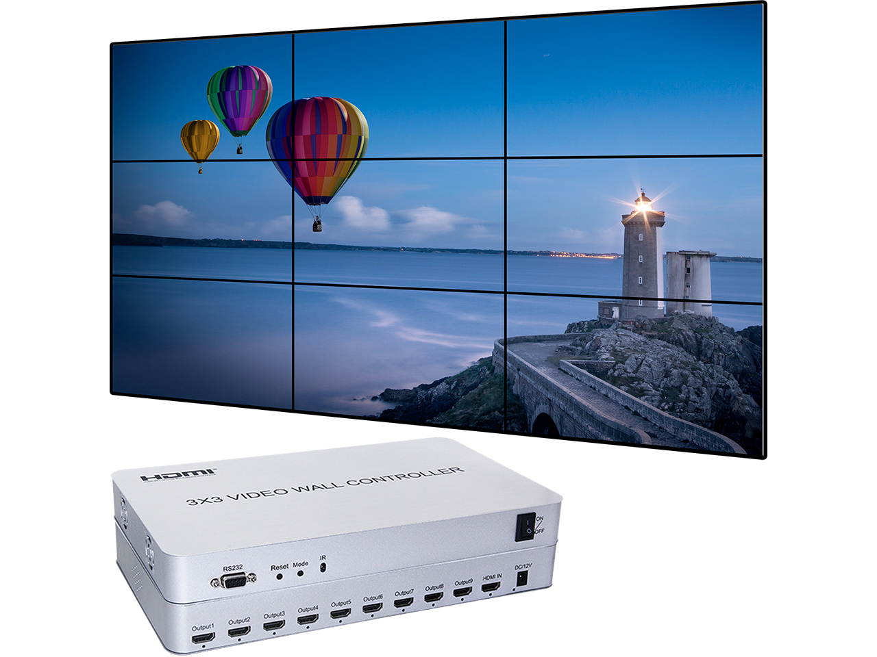 Video Wall Controller 3x3 Processor 4K 3840x2160@30Hz HDMI 1.3 with 1 HDMI Input and 9 Outputs 13 Display Modes Including 1x1,1x2,1x3, 1x4, 2x1, 2x2, 2x3, 2x4, 3x1, 3x2, 3x3, 4x1, 4x2