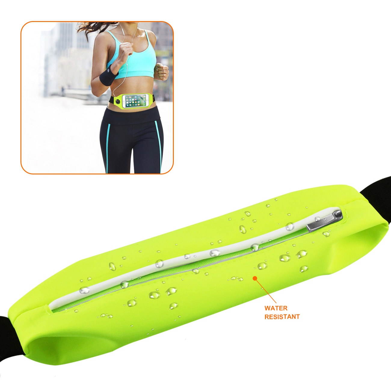 REIKO RUNNING SPORT BELT FOR IPHONE 7 PLUS/ 6S PLUS OR 5.5 INCHES DEVICE WITH TWO POCKETS AND LED IN GREEN (5.5x5.5 INCHES)