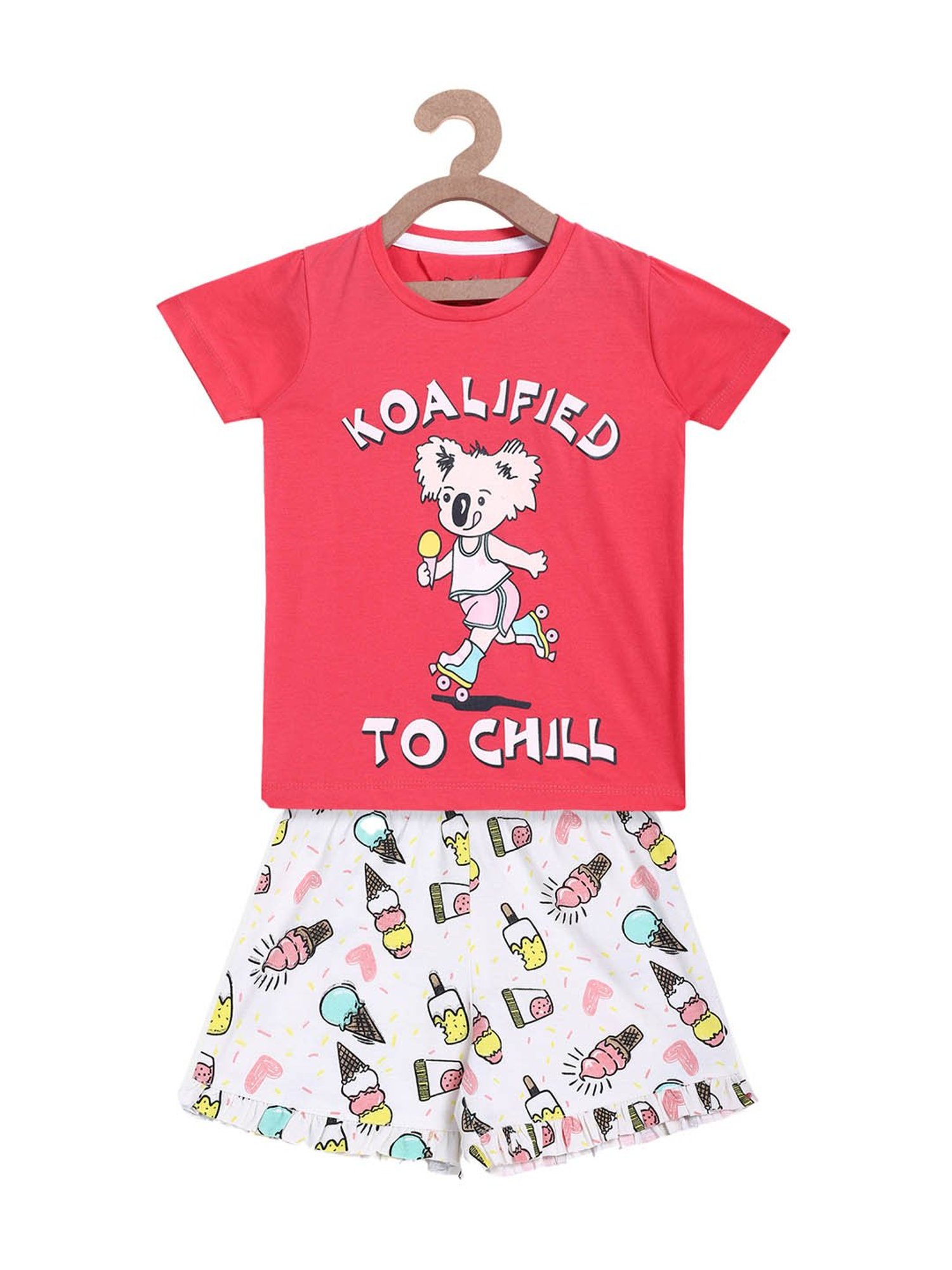 Lazy Shark Kids Pink & White Printed  Top with  Shorts