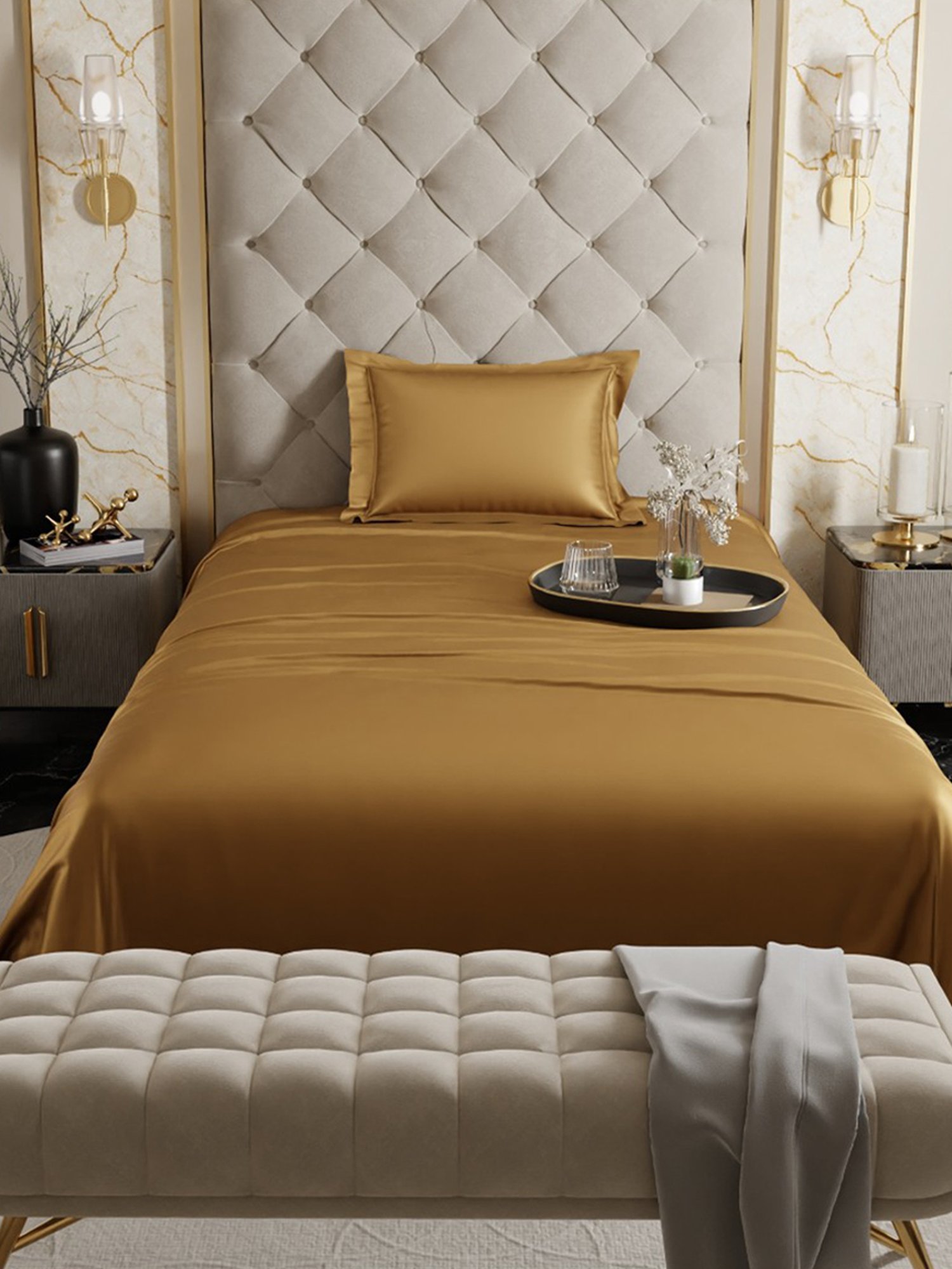Stoa Paris Eternal Glow Gold 300 TC Polyester Single Bedsheet with Pillow Cover