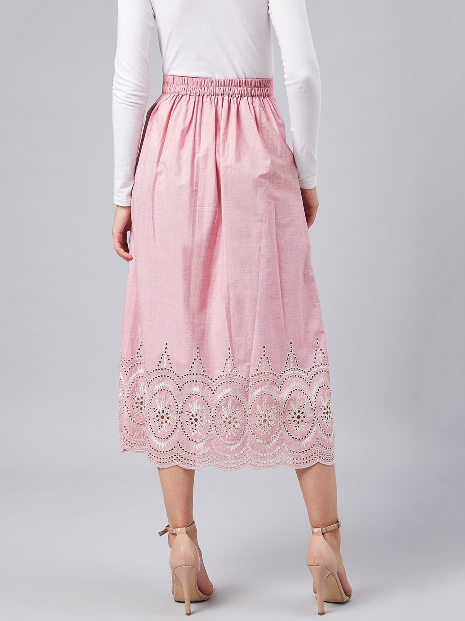 Marie Claire Pink Embroidered A-Line Midi Skirt