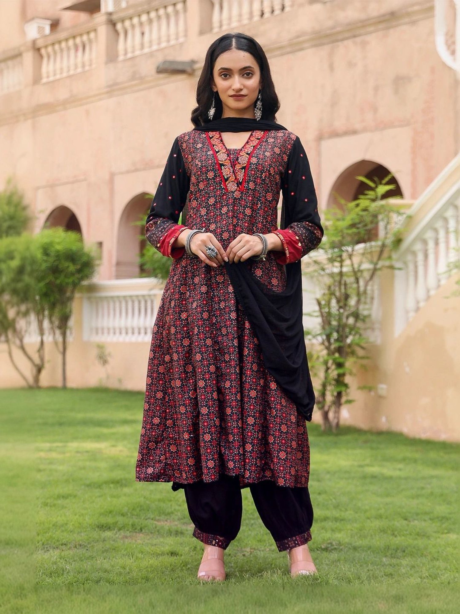 Juniper Black Cotton Embroidered Kurta Pant Set With Dupatta