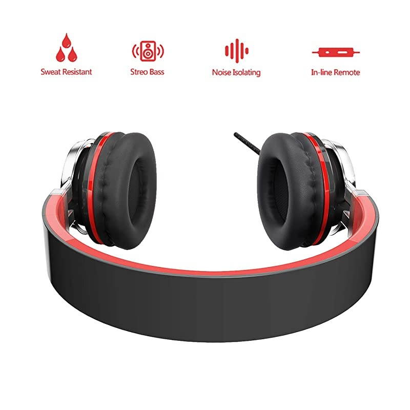 i39 Headphones with Microphone Foldable Lightweight Adjustable On Ear Headsets with 35mm Jack for Cellphones Computer MP34 Kindle School RedBlack