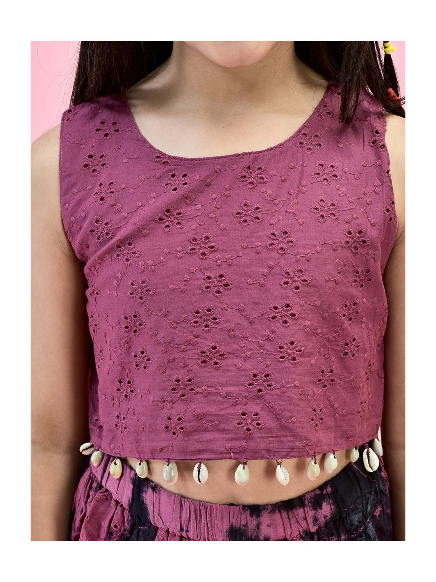 Juniper Girls Purple Self Design Crop Top With Skirt