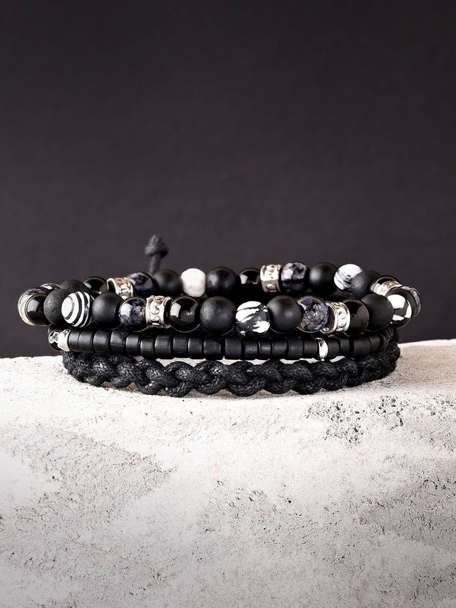 The Bro Code Black Multipack Elasticated Semi Precious Beaded Bracelet for Men - Set of 3