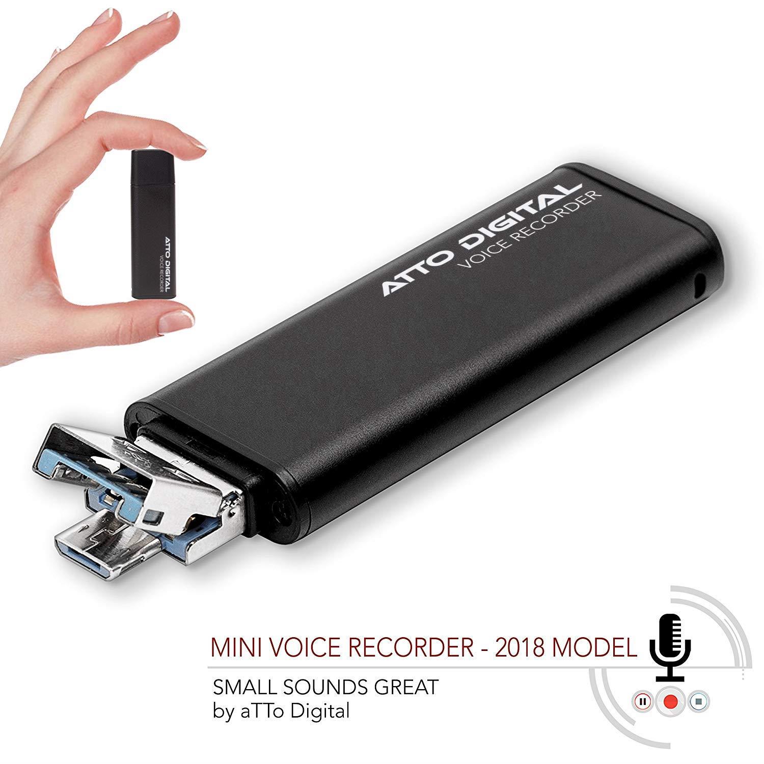 Slim Voice Activated Recorder &ndash; USB Flash Drive | 26 Hours Battery | 8GB - 94 Hours Capacity | 512 Kbps Audio Quality | Easy to Use USB Memory Stick Sound Recorder | lightREC by aTTo Digital