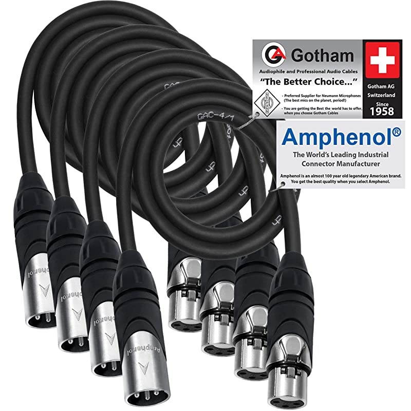 4 Units - 3 Foot - Gotham GAC-4/1 (Black) - Star Quad, Dual Shielded Balanced Male to Female Microphone Cables with Amphenol AX3M & AX3F Silver XLR Connectors - Custom Made by