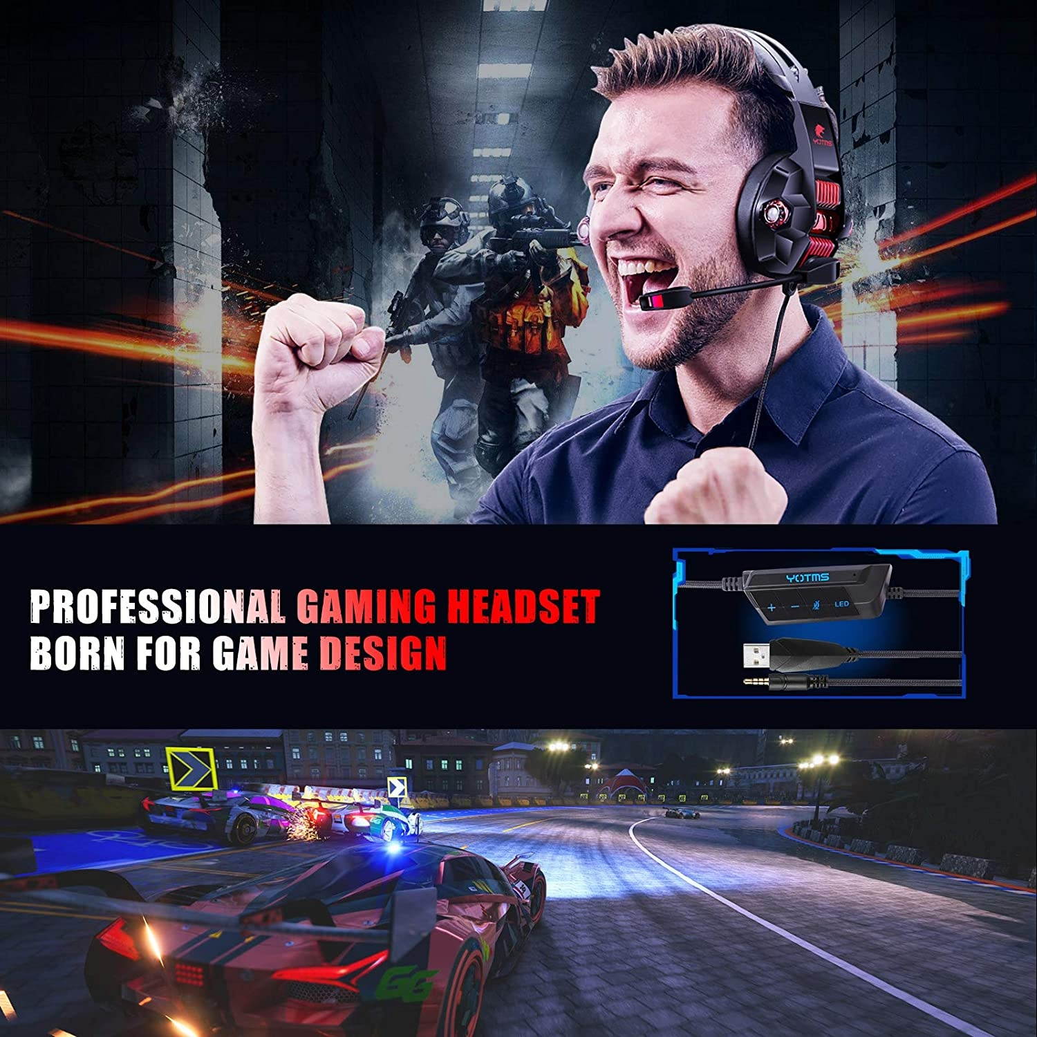 YOTMS Gaming Headset for PS4 PS5 PC Nintendo Switch Xbox One Headset with Noise Cancelling Mic Y1 Pro Wired Over Ear Headphones with RGB Light 7.1 Stereo Sound Soft Earmuffs for Laptop Mac Game