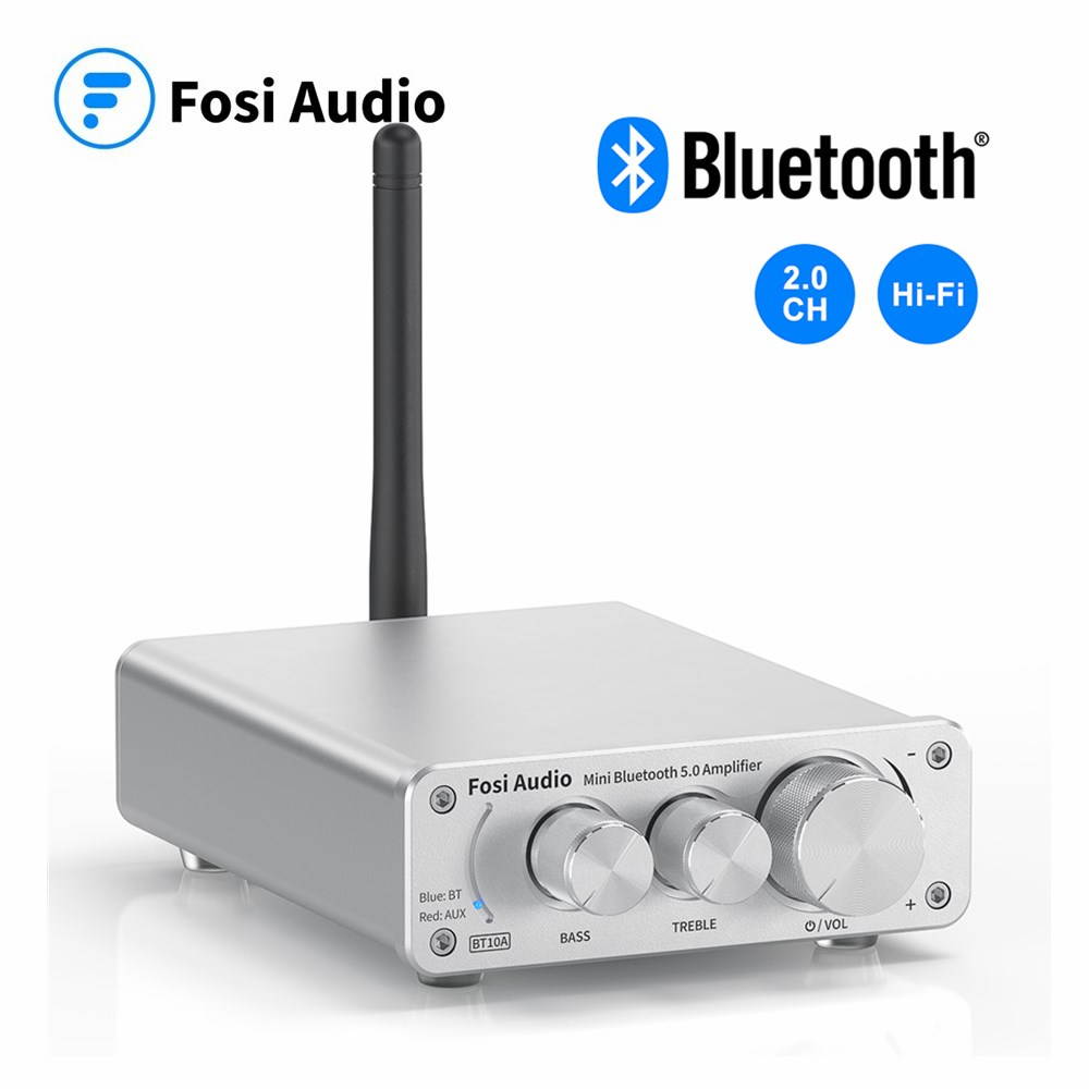 Bluetooth 5.0 Stereo Audio Amplifier Receiver 2 Channel Class D Mini Hi-Fi Integrated Amp for Home Speakers 50W x 2 TPA3116 - Fosi Audio BT10A-Silver