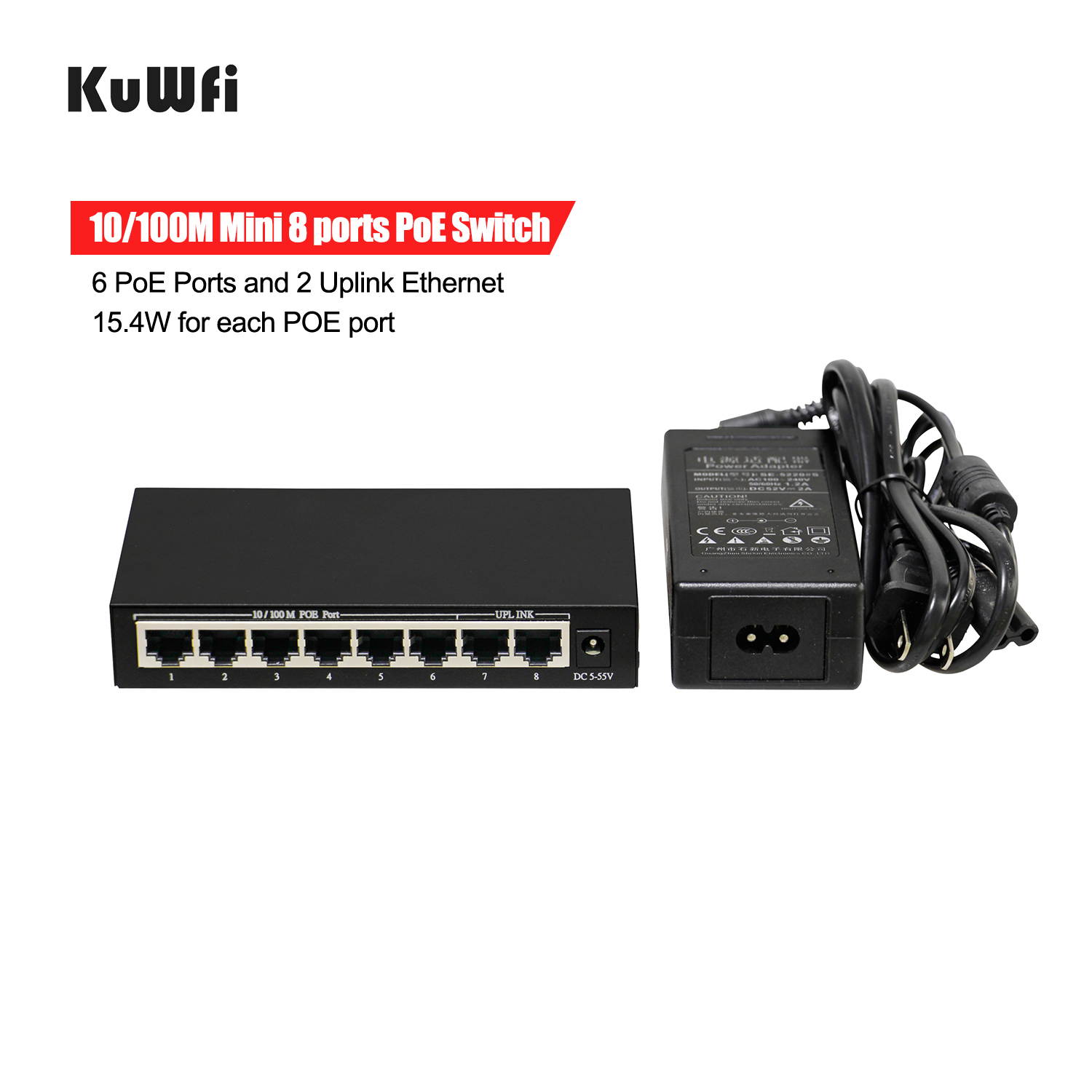 6+2 Ports 6 PoE Injector Power Over Ethernet Switch with Power Adapter