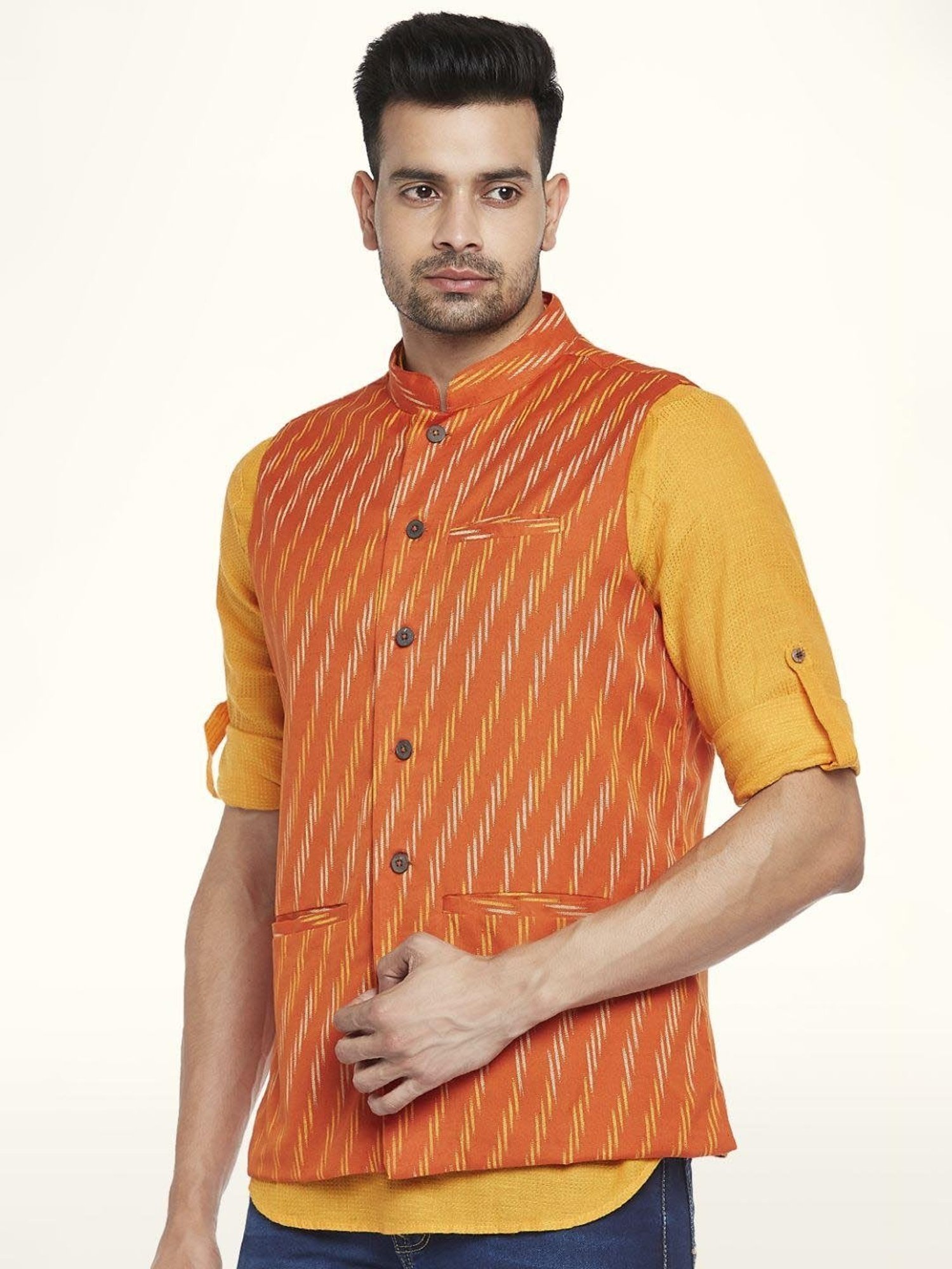 Indus Route By Pantaloons Rust Orange Cotton Regular Fit Printed Nehru Jacket