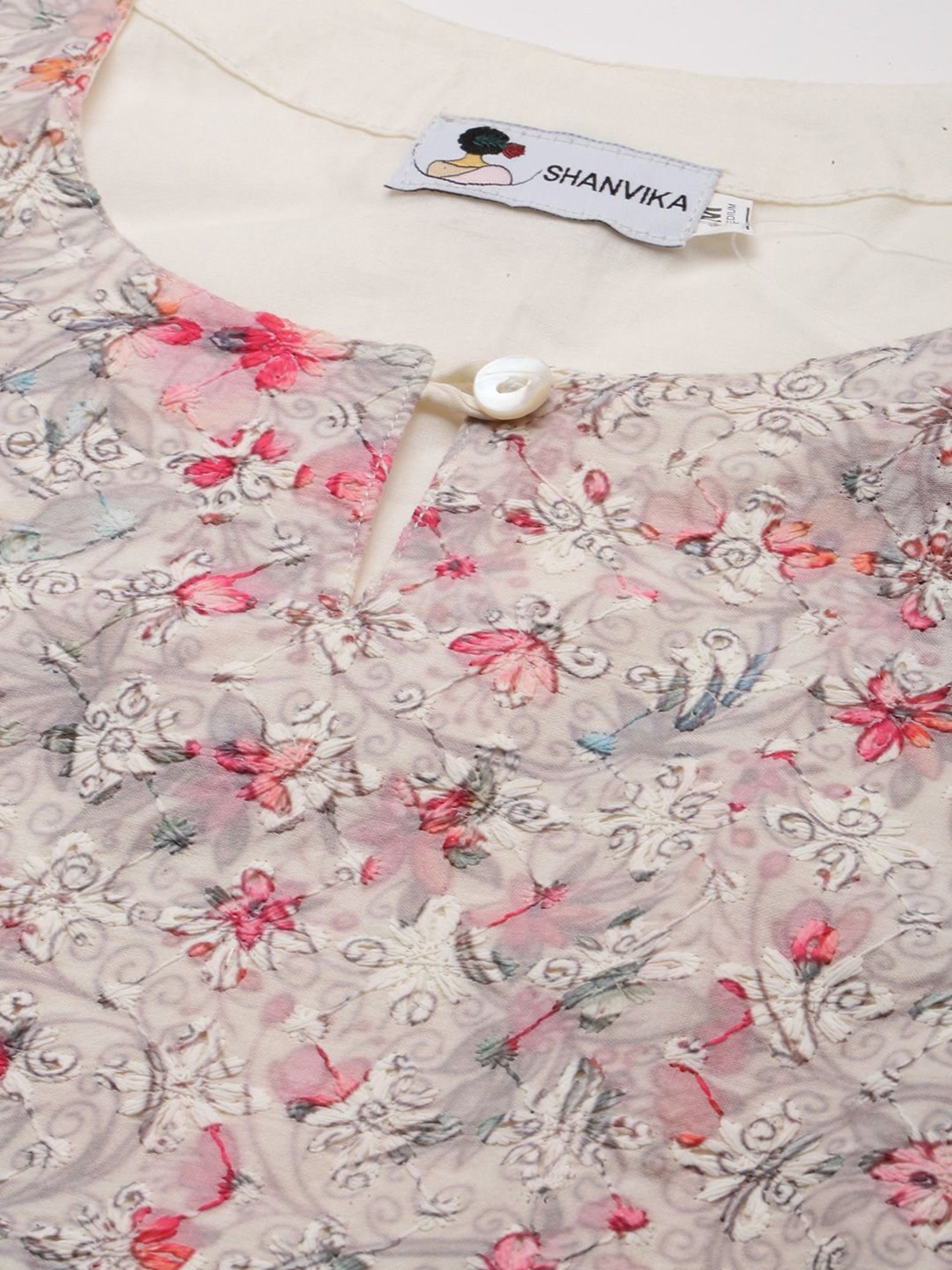 SHANVIKA Cream Embroidered Cotton Straight Kurta