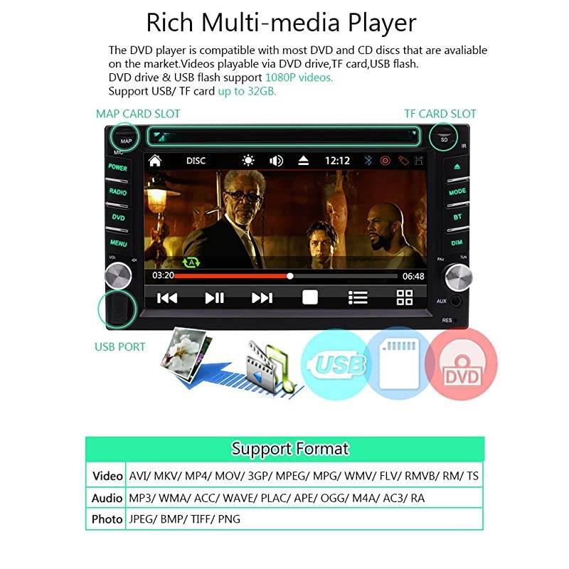 Din Car Stereo GPS Navigation System DVD Player Bluetooth 2 Din Car Radio Capacitive Touch Screen + Free Backup Camera Support SWC USB SD 1080P Wireless Remote Control Car Logo Multi Language