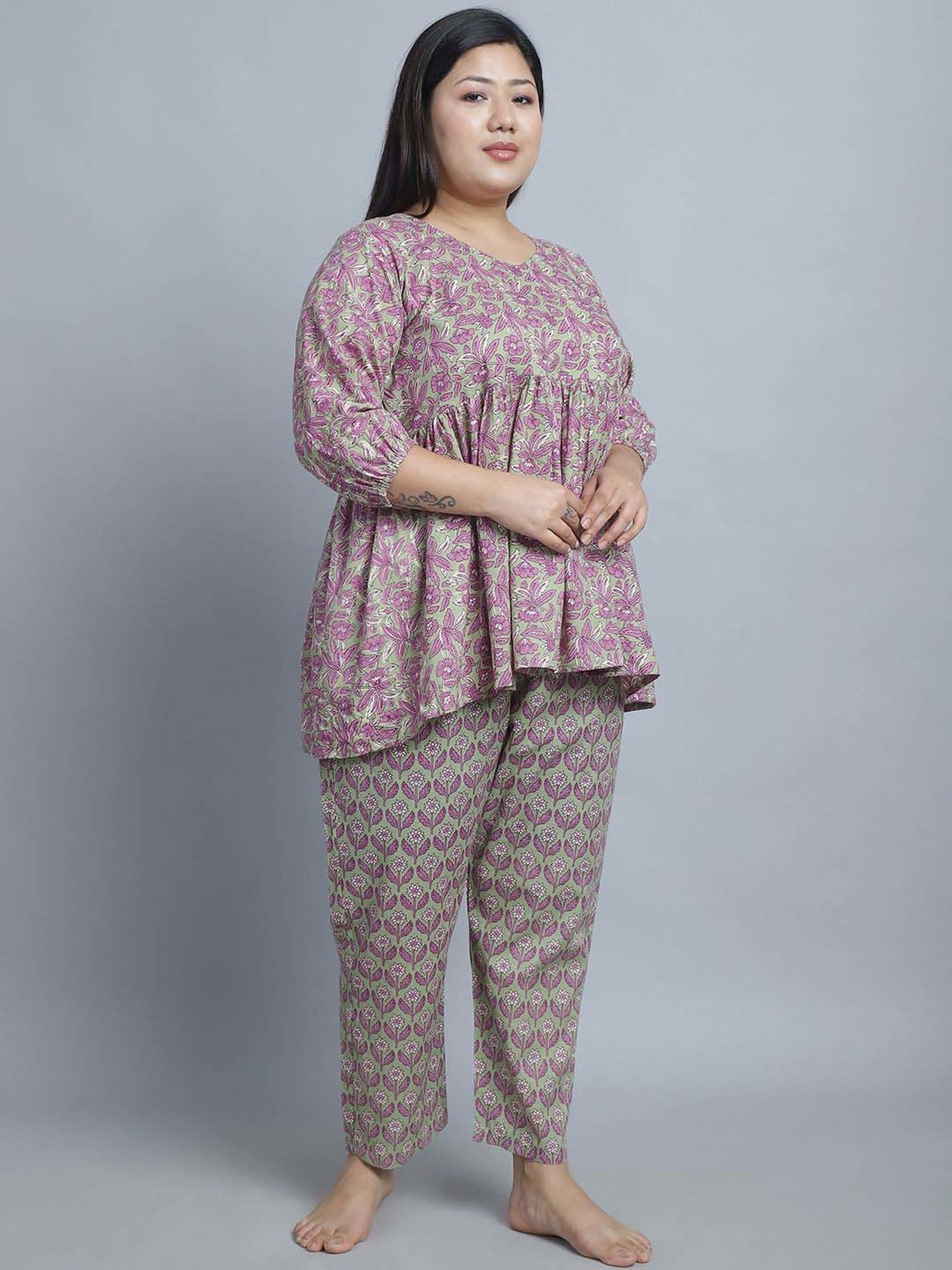 TAG 7 Green & Purple Cotton Printed Top Pyjamas Set