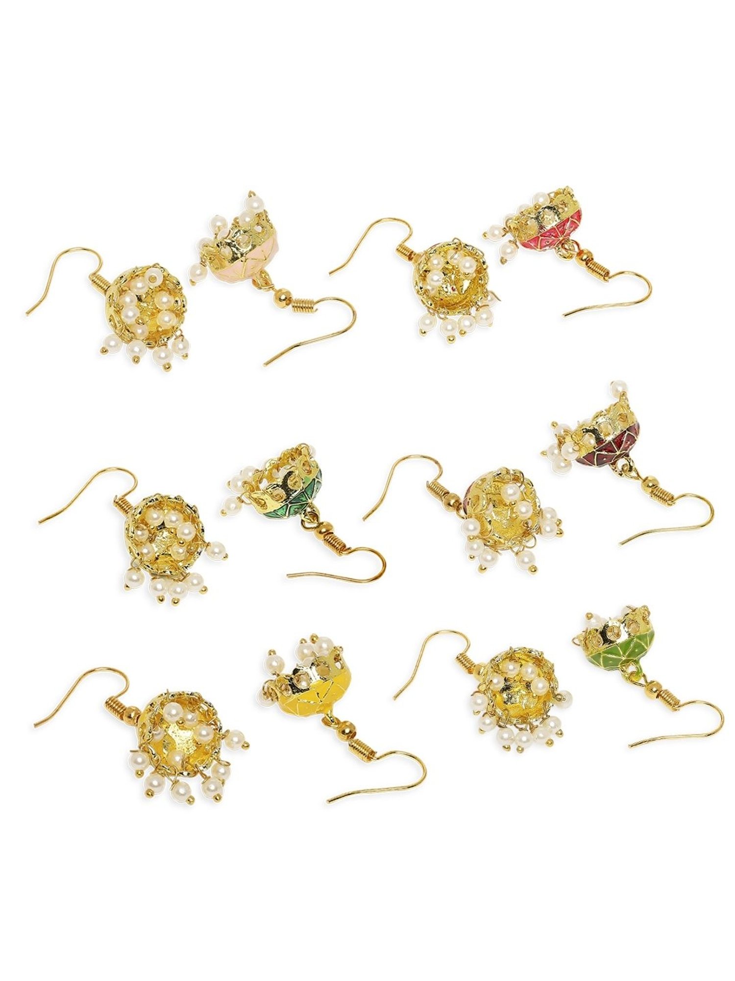 Oomph Red, Green, Pink & Yellow Small Ethnic Jhumki Earrings - Set of 6