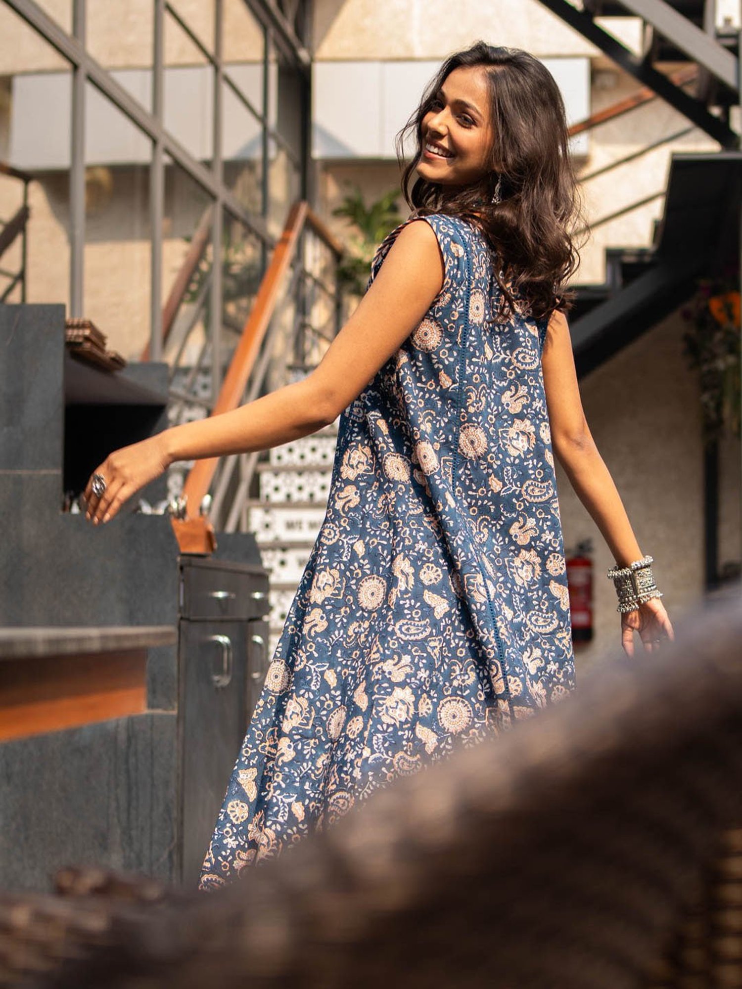 Akiso Blue Block Printed Flared Front Pleated Kurta Set (Set Of 2)