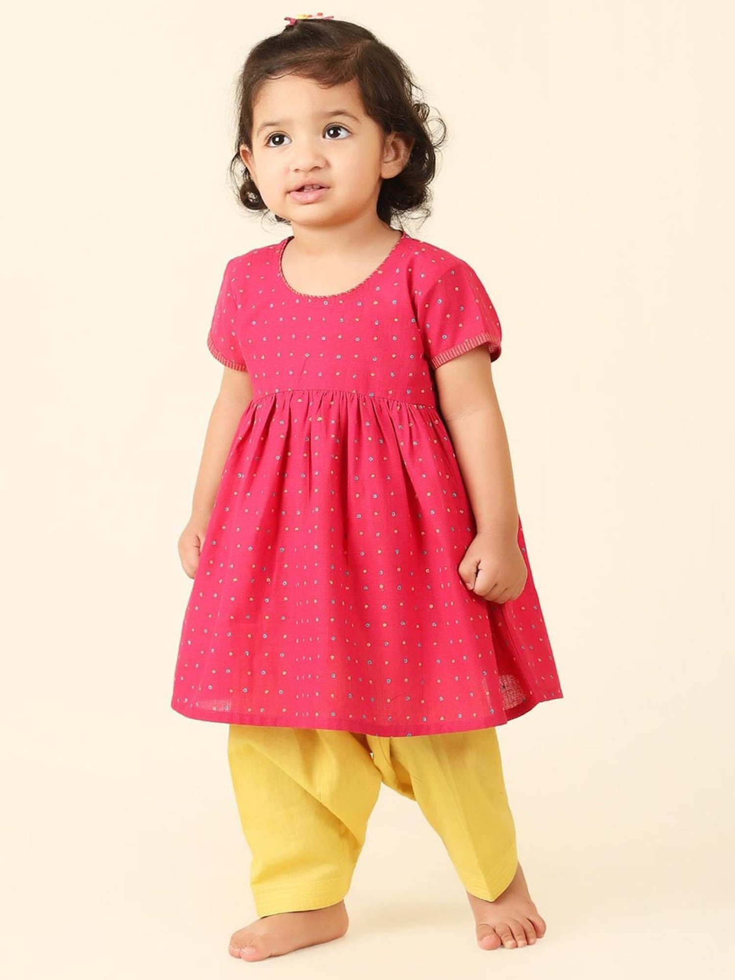 Fabindia Kids Pink & Yellow Cotton Printed Kurta Set