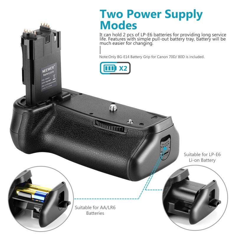 Neewer Battery Grip Holder (Replacement for BG-E14) Work with LP-E6 Battery or 6 Pieces AA Batteries for Canon EOS 70D 80D 90D DSLR Camera