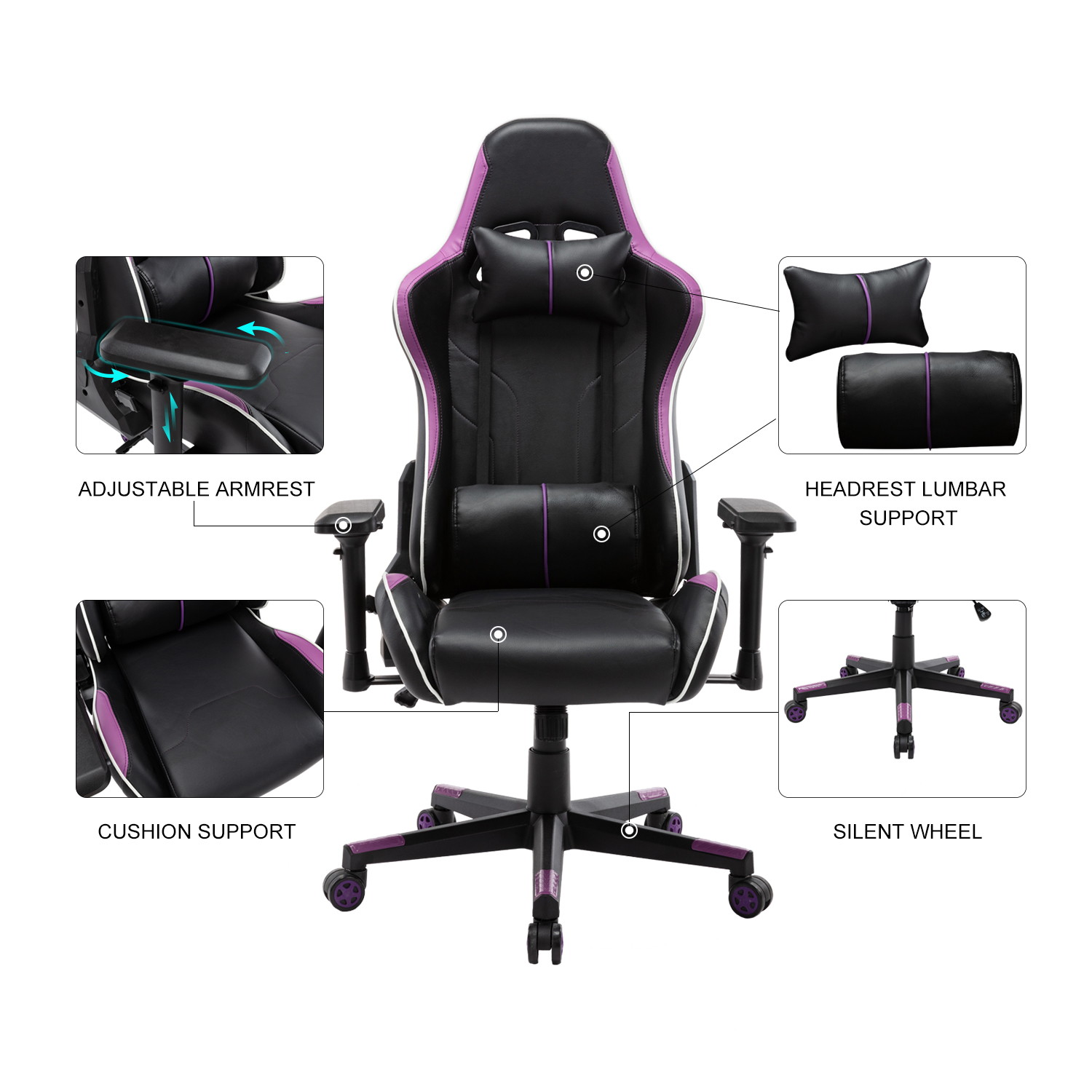 Gaming Chair Ergonomic PU Leather Office Chair High Back Computer Chair Adjustable Back Desk Chair with Adjustable Armrests Headrest and Lumbar Support