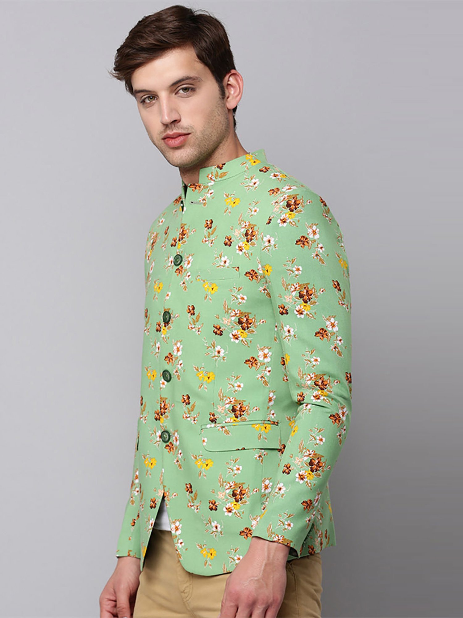 SHOWOFF Green Cotton Slim Fit Floral Print Blazer