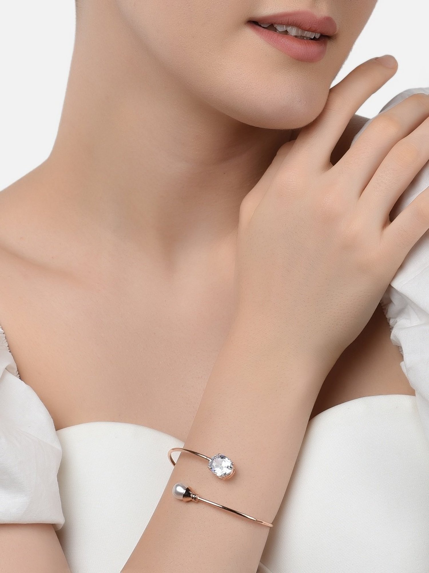 Zaveri Pearls Set of 2 Rose Gold Contemporary Cubic Zirconia Brass Kada Style Bracelet-ZPFK11105