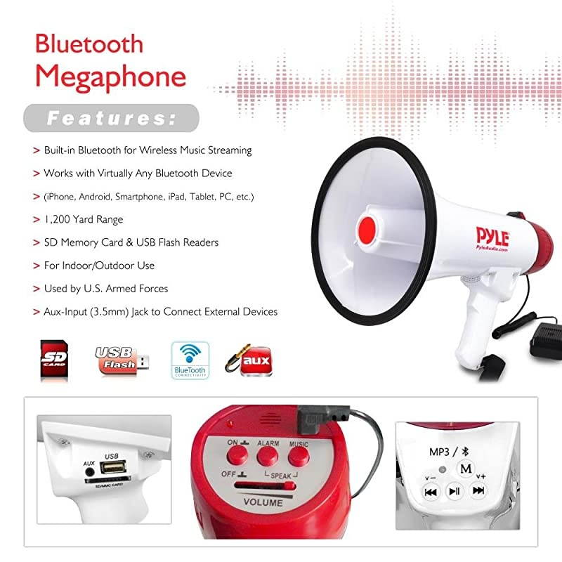 Bluetooth Bullhorn PA Megaphone iPhone Megaphone Speaker with Wired Microphone Siren Alarm Mode MP3USBSD Readers PMP42BT0 RedWhite