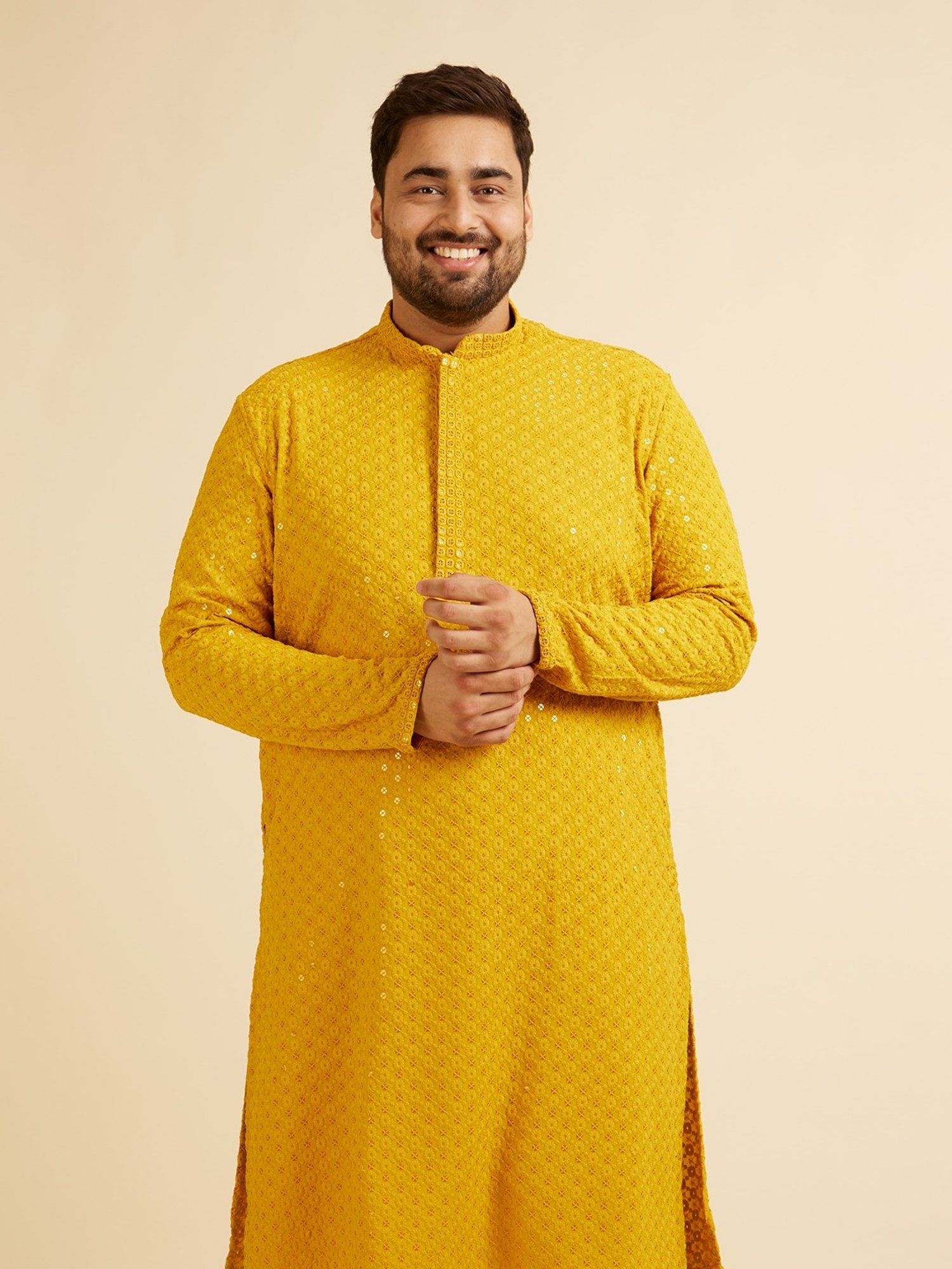 Manyavar Mustard Regular Fit Embroidered Plus Size Kurta and Pyjama Set
