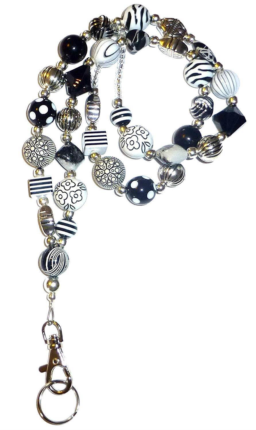 Hidden Hollow Beads Women's Fashion Lanyard and Badge holder 34" Lanyard (Chunky Black and White Non Breakaway)