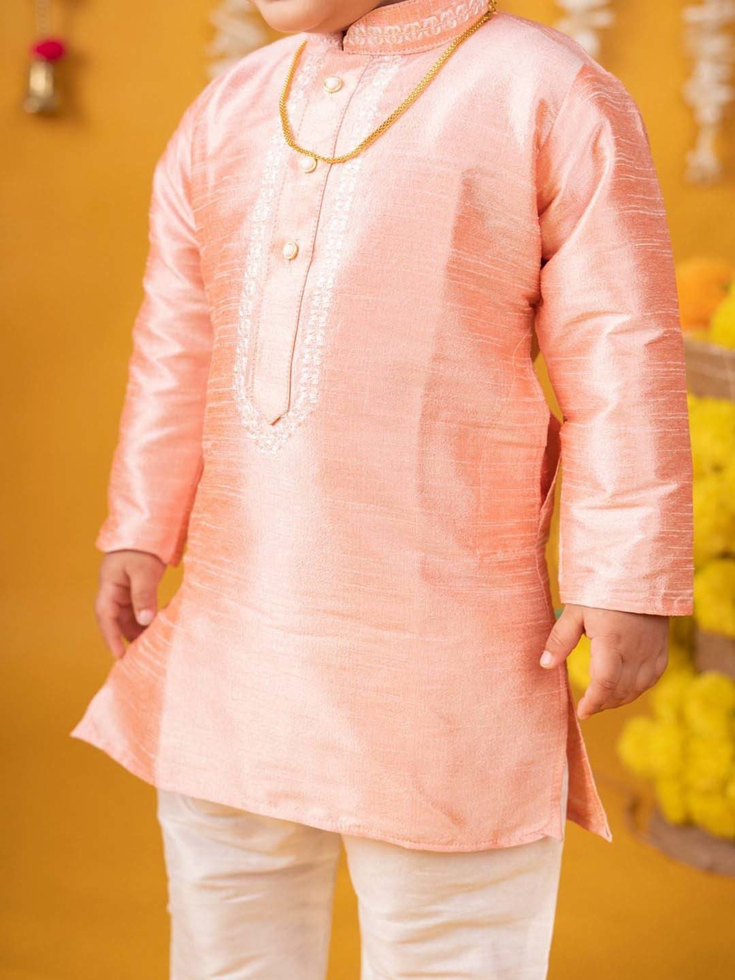 Baby Moo Kids Peach & White Regular Fit Full Sleeves Kurta Set