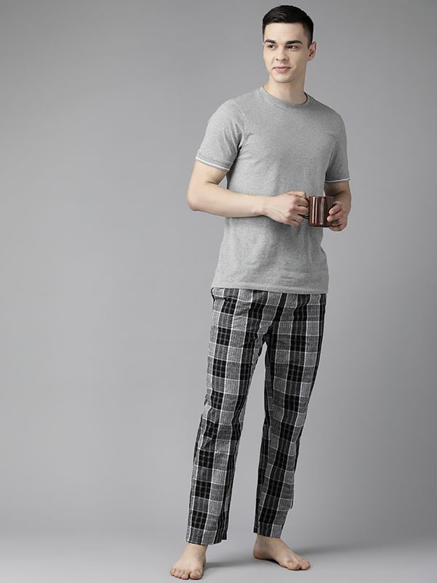 English Navy Grey Cotton Regular Fit Checks Lounge Pants