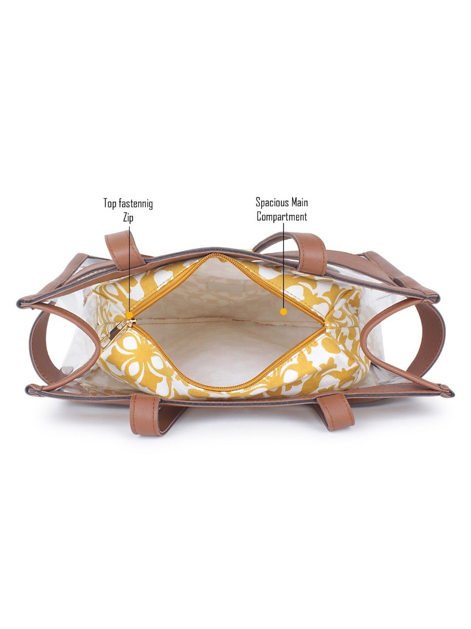 Yelloe Brown Printed Medium Handbag