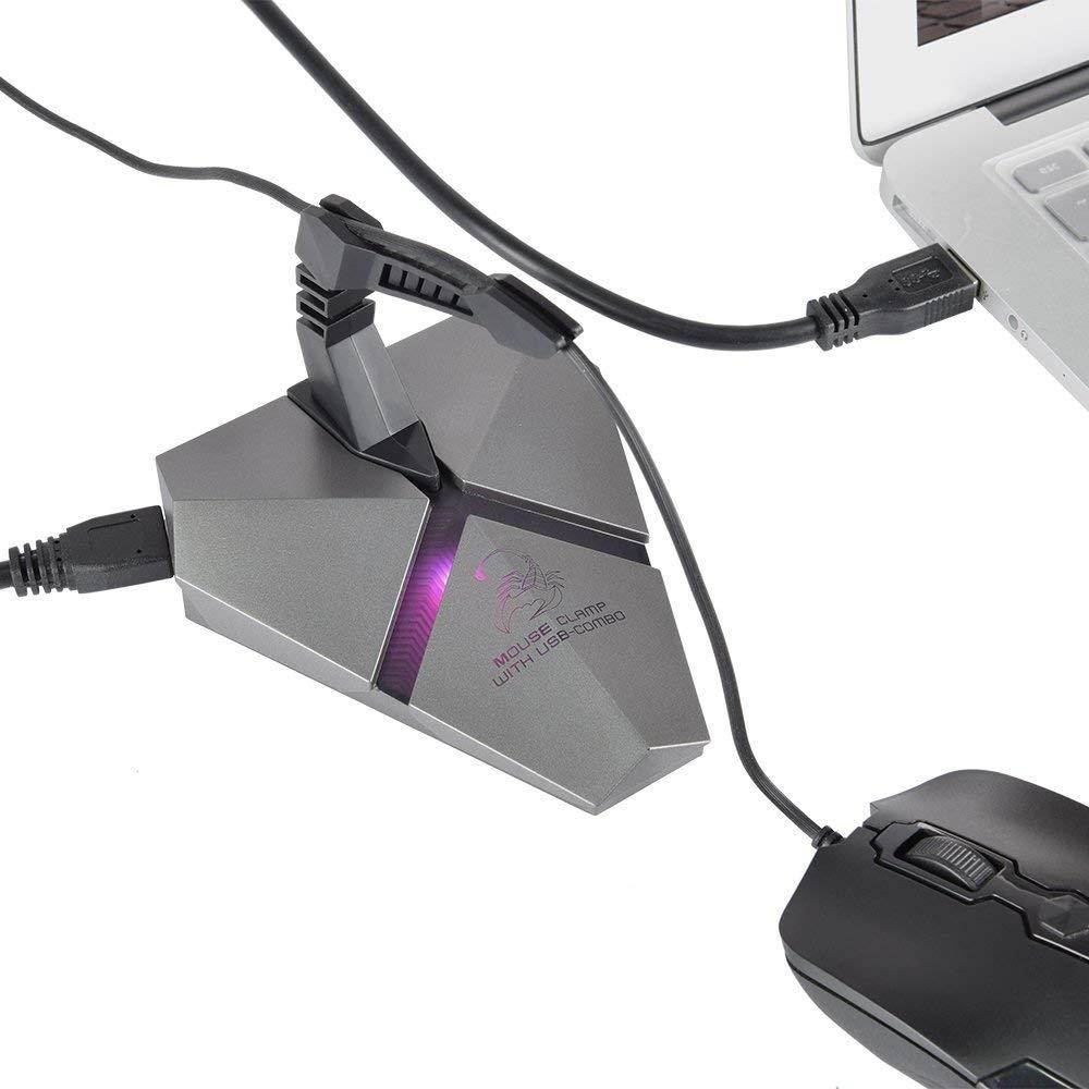Gaming Mouse Bungee Cord Holder with 3-Ports USB 3.0 HUB,1 Micro SD Reader,Seven Changing Backlit,Fast Charging&High Speed,Cable Management & Increased Accuracy for Pro eSports &Competitive Games