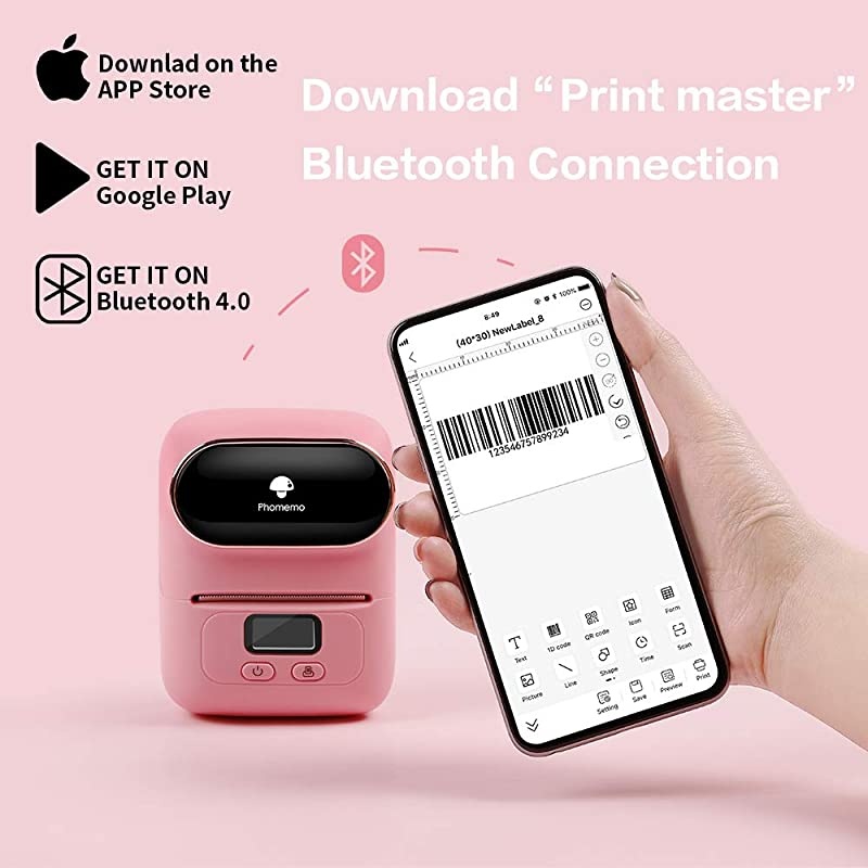 M110 Label Printer Mini Portable Bluetooth Thermal Label Maker Apply to Labeling Office Cable Retail Barcode and More Compatible with Android iOS System with 1 40&times;30mm Label Pink