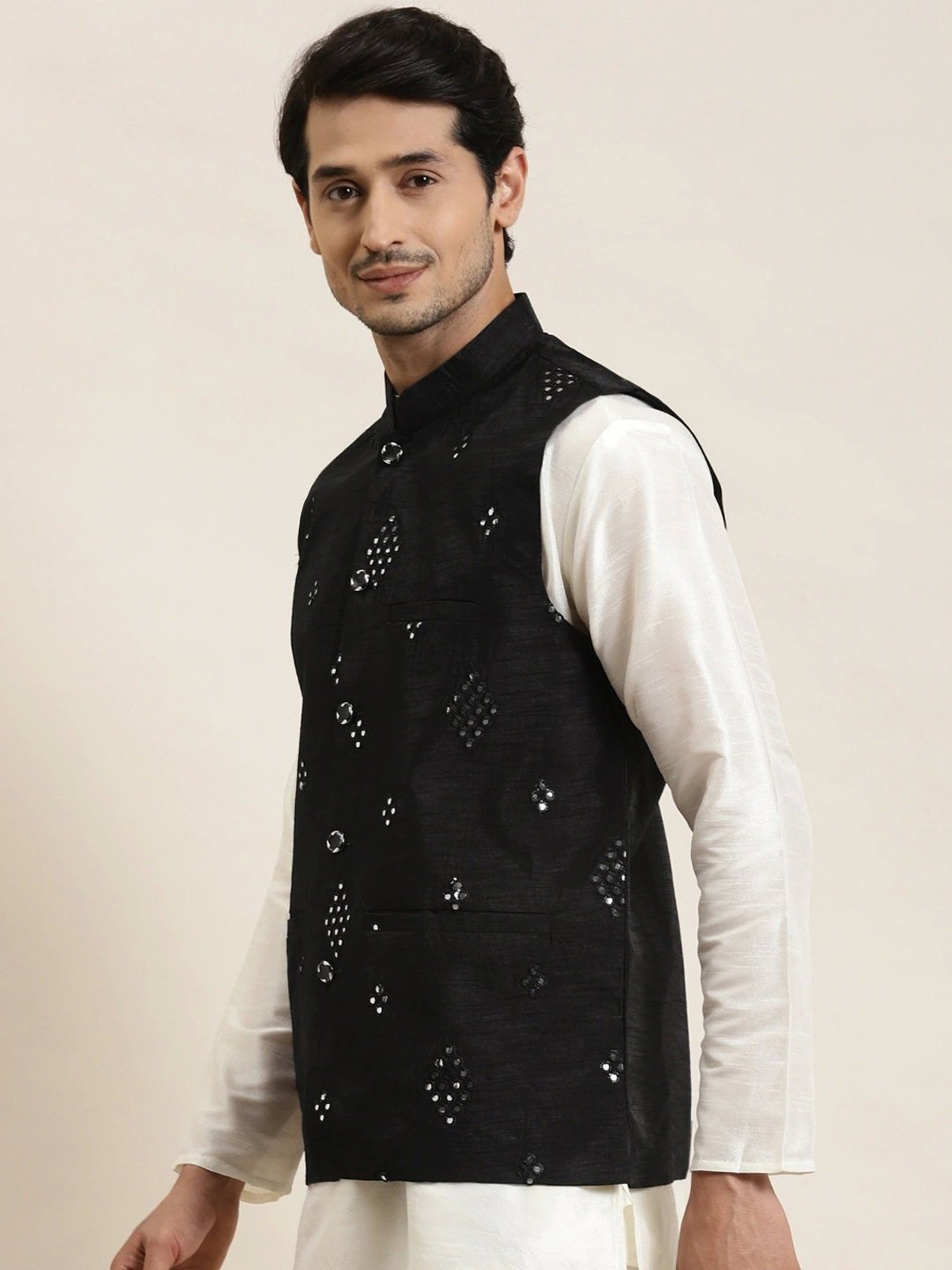 Sojanya Black Regular Fit Self Pattern Nehru Jacket