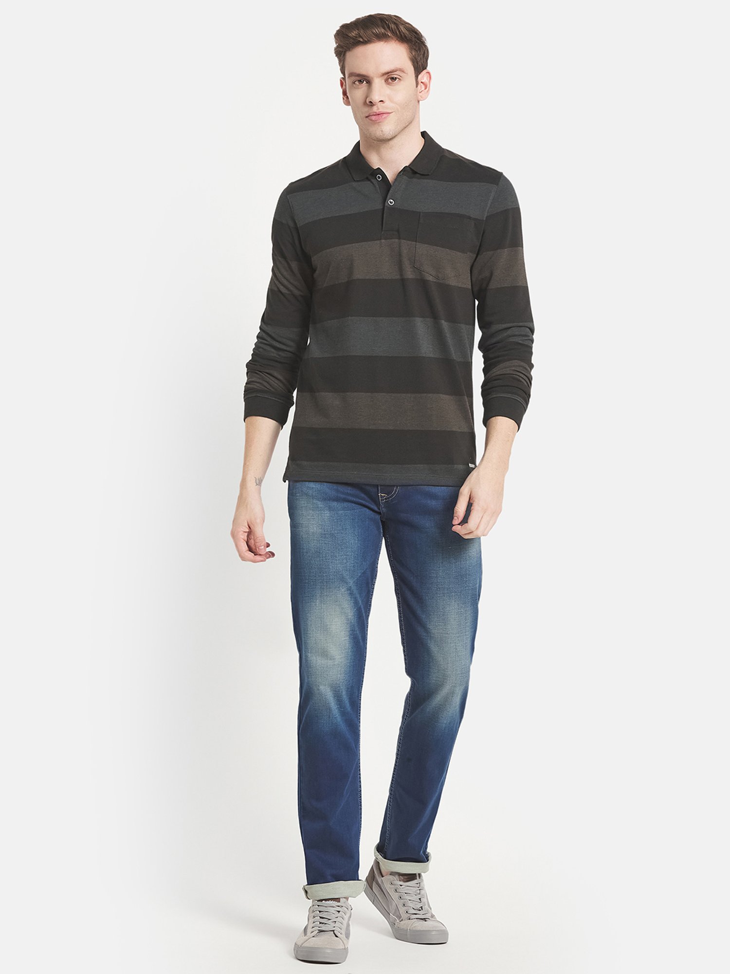 Mettle Olive Cotton Regular Fit Striped Polo T-Shirt