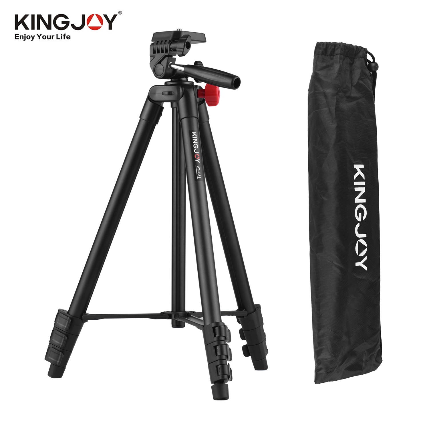 KINGJOY VT-831 Portable Lightweight Photography Tripod Stand Aluminum Alloy 1/4 Inch Screw Connector 2kg Load Capacity Max. Height 135cm with Carry Bag Black