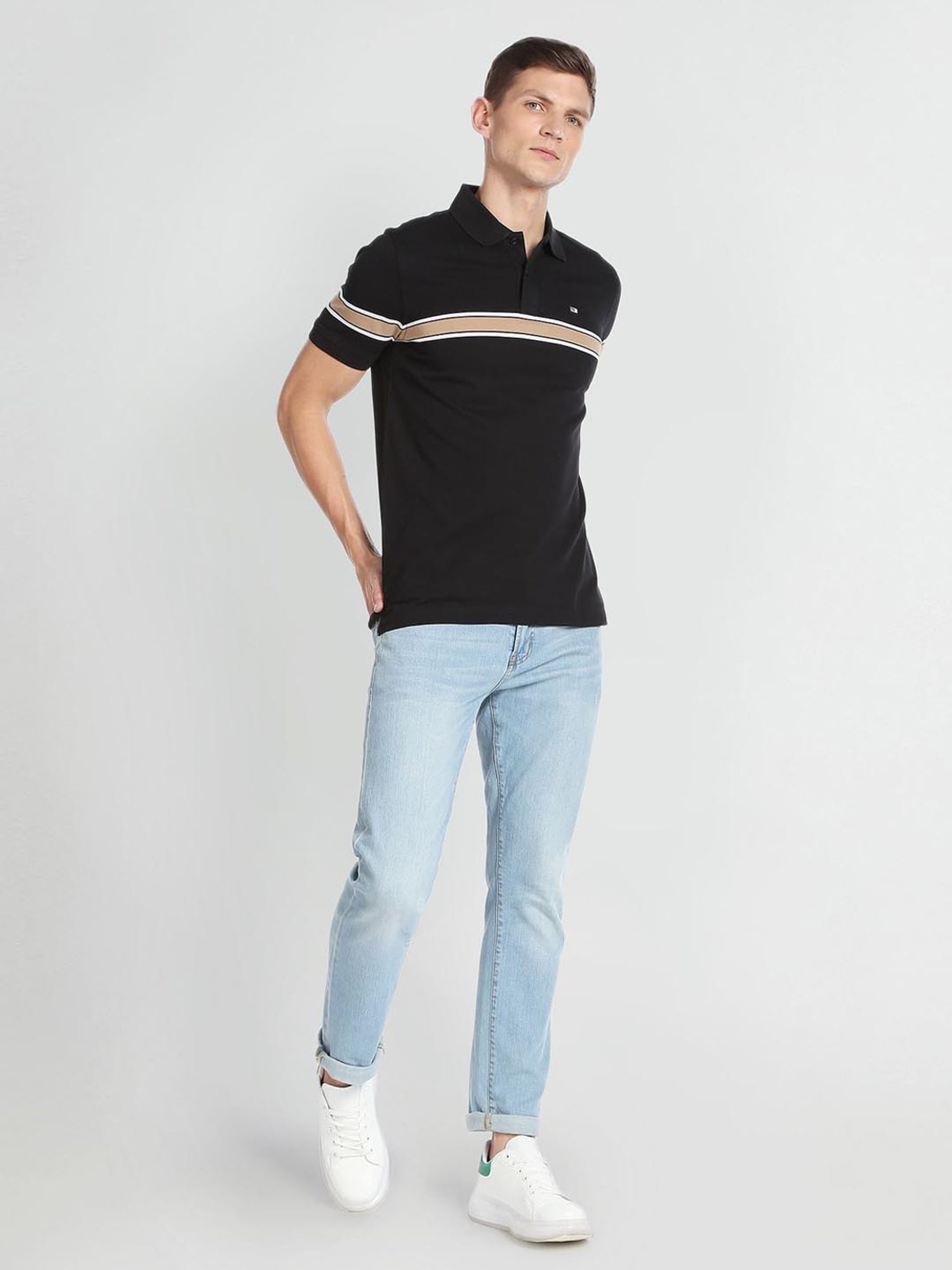 Arrow Sport Black Cotton Regular Fit Striped Polo T-Shirt