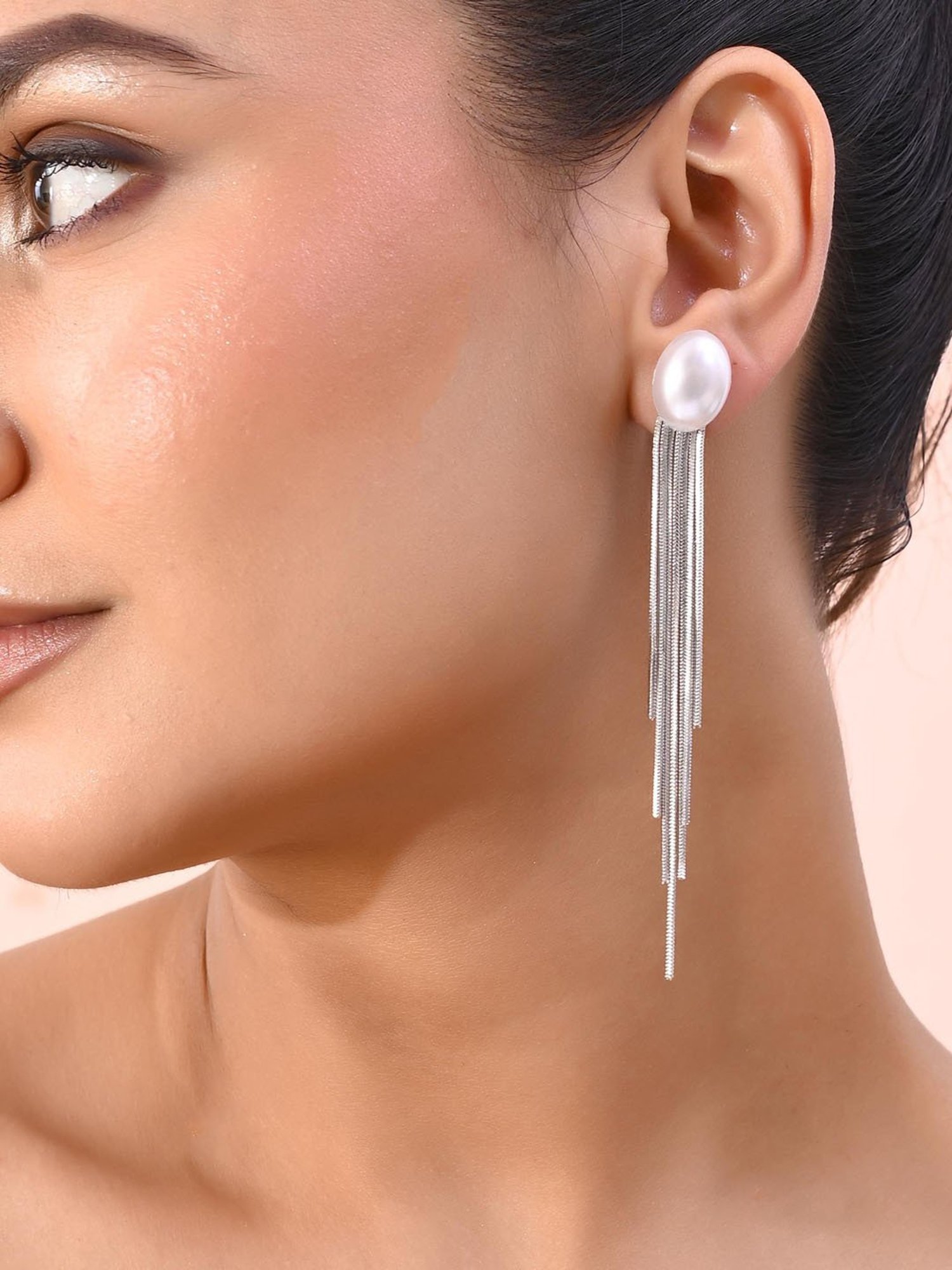 VOJ Silver-Plated Handcrafted Pearl Studded Classic Drop Earrings for Women