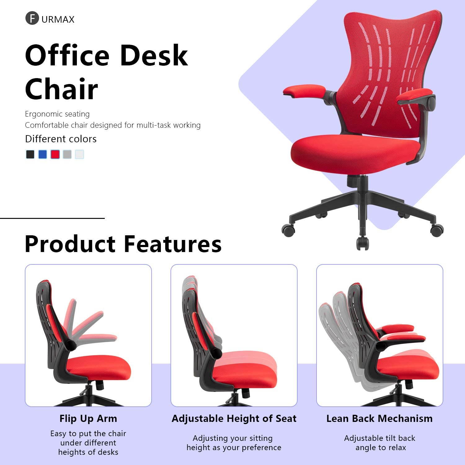 Furmax Office Desk Chair with Flip Up Arms, Mesh Mid Back Computer Chair Swivel Task Chair with Ergonomic Lumbar Support (White)