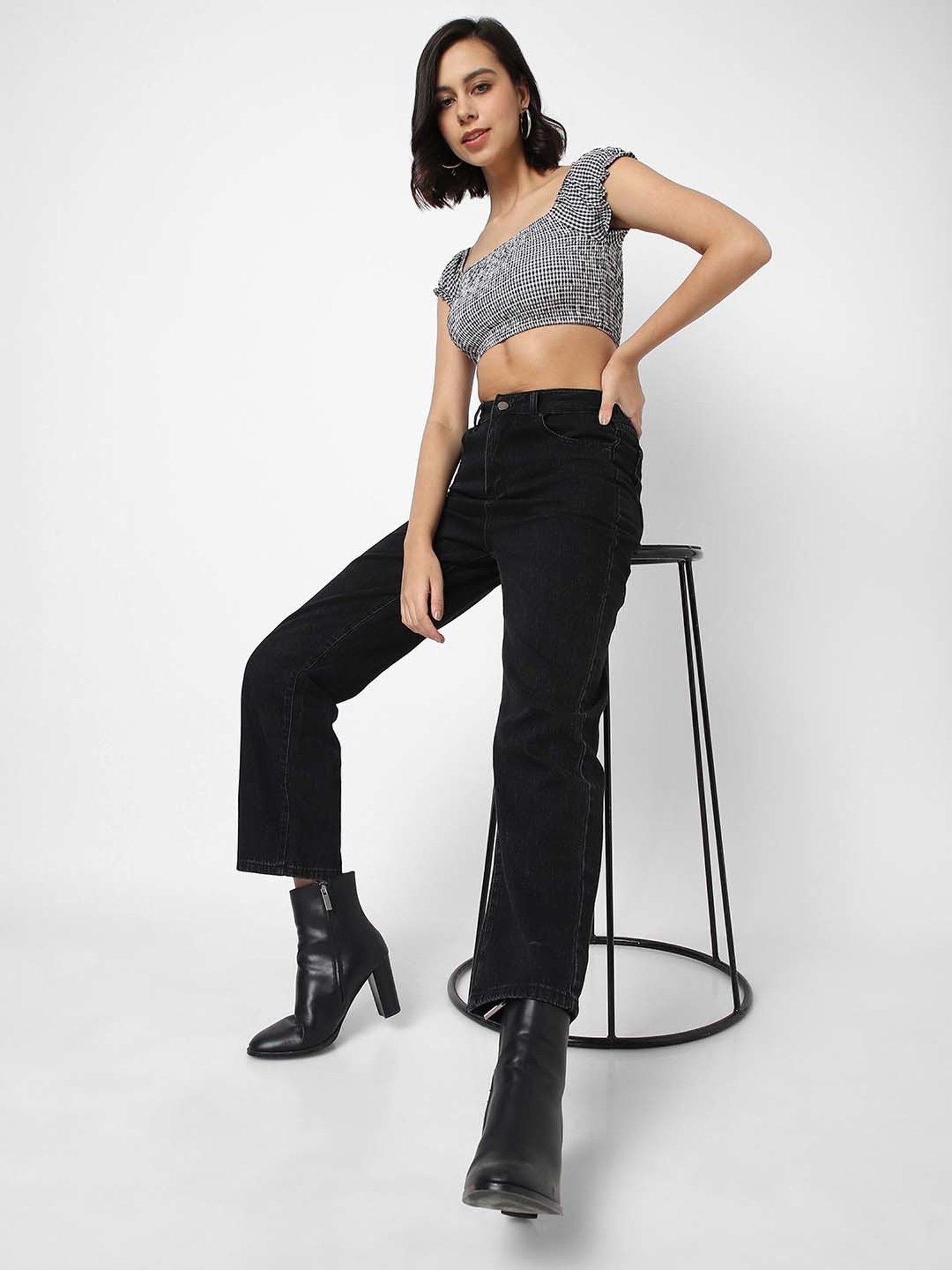 VASTRADO Black Cotton Chequered Crop Top