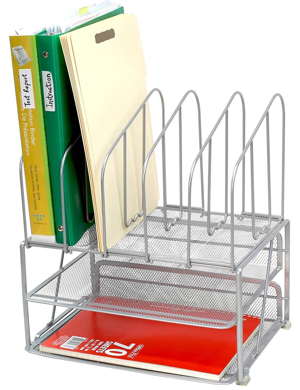 DecoBros Mesh Desk Organizer with Double Tray and 5 Upright Sections, Sliver