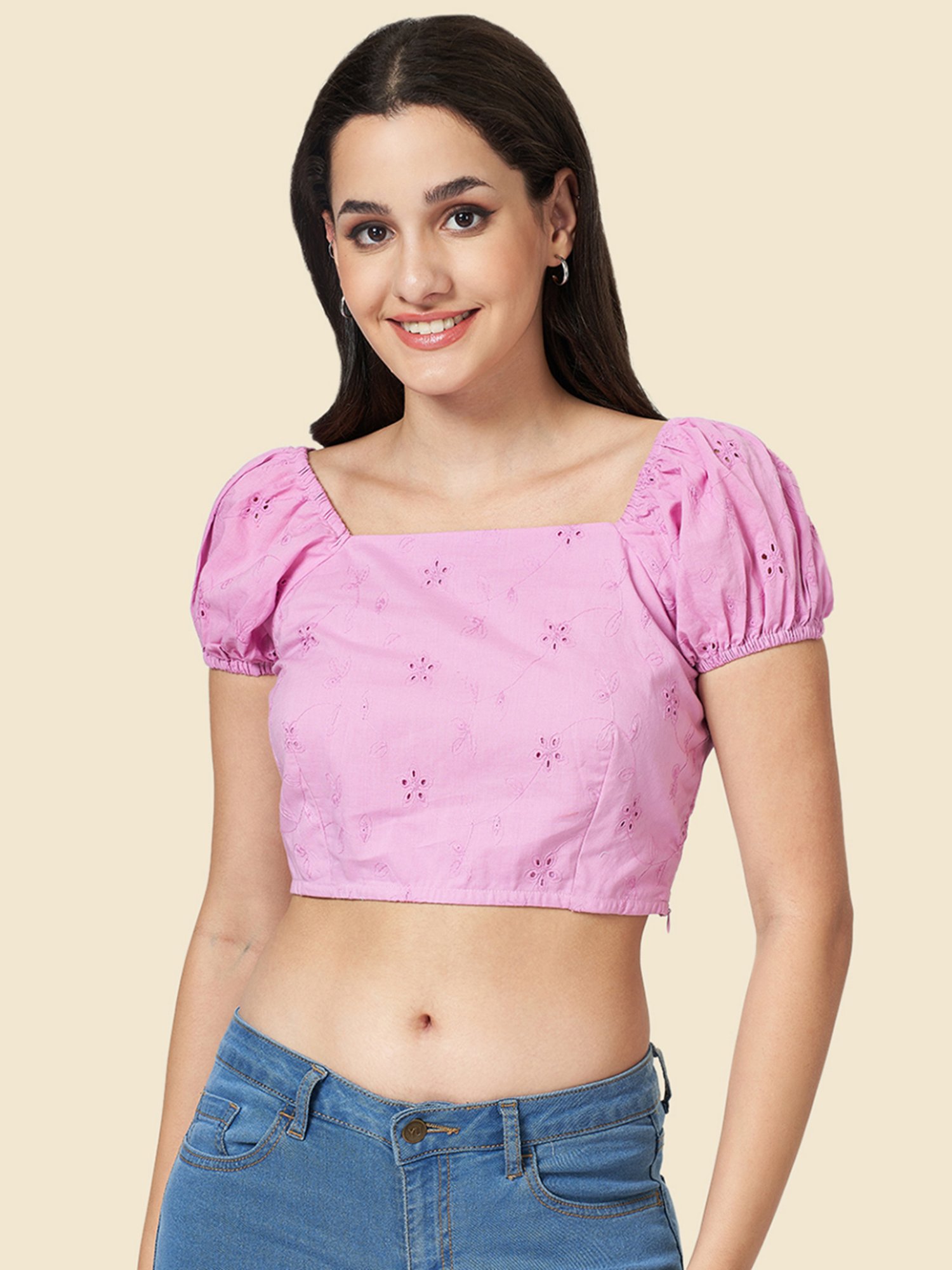 YU by Pantaloons Purple Cotton Self Pattern Crop Top