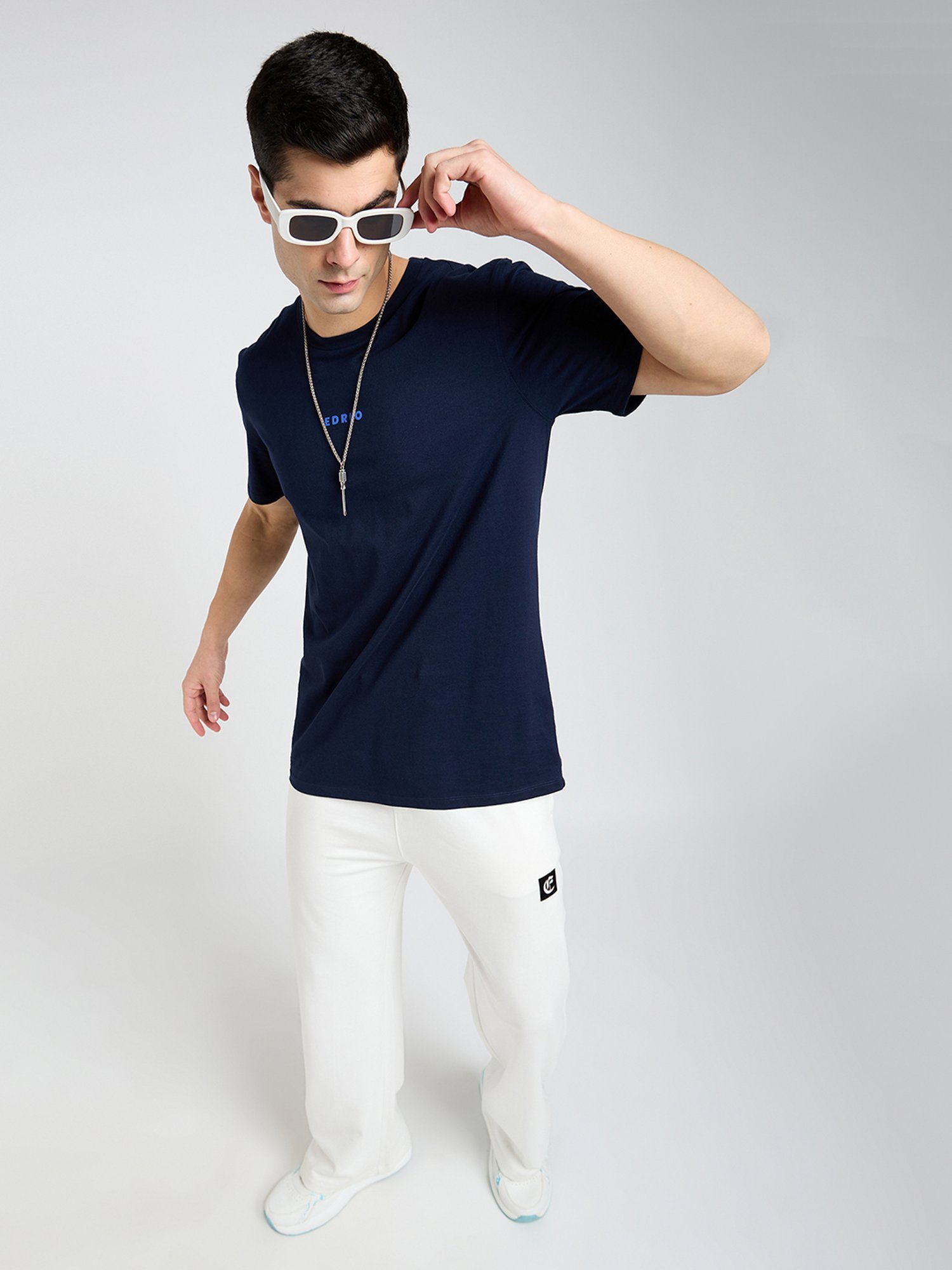 EDRIO Navy Regular Fit Graphic Print Crew T-Shirt