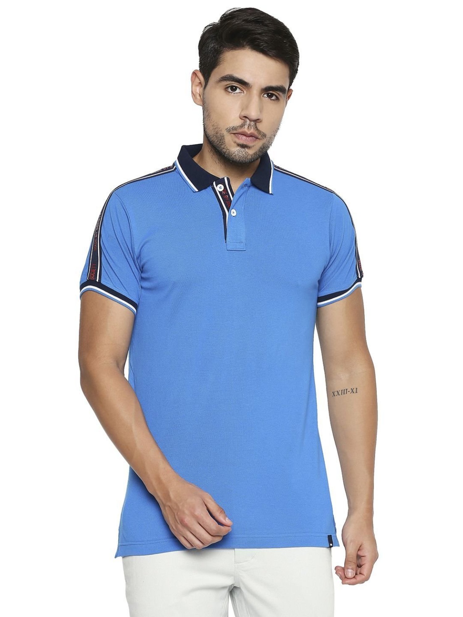 Basics Blue Slim Fit Striped Polo T-Shirt