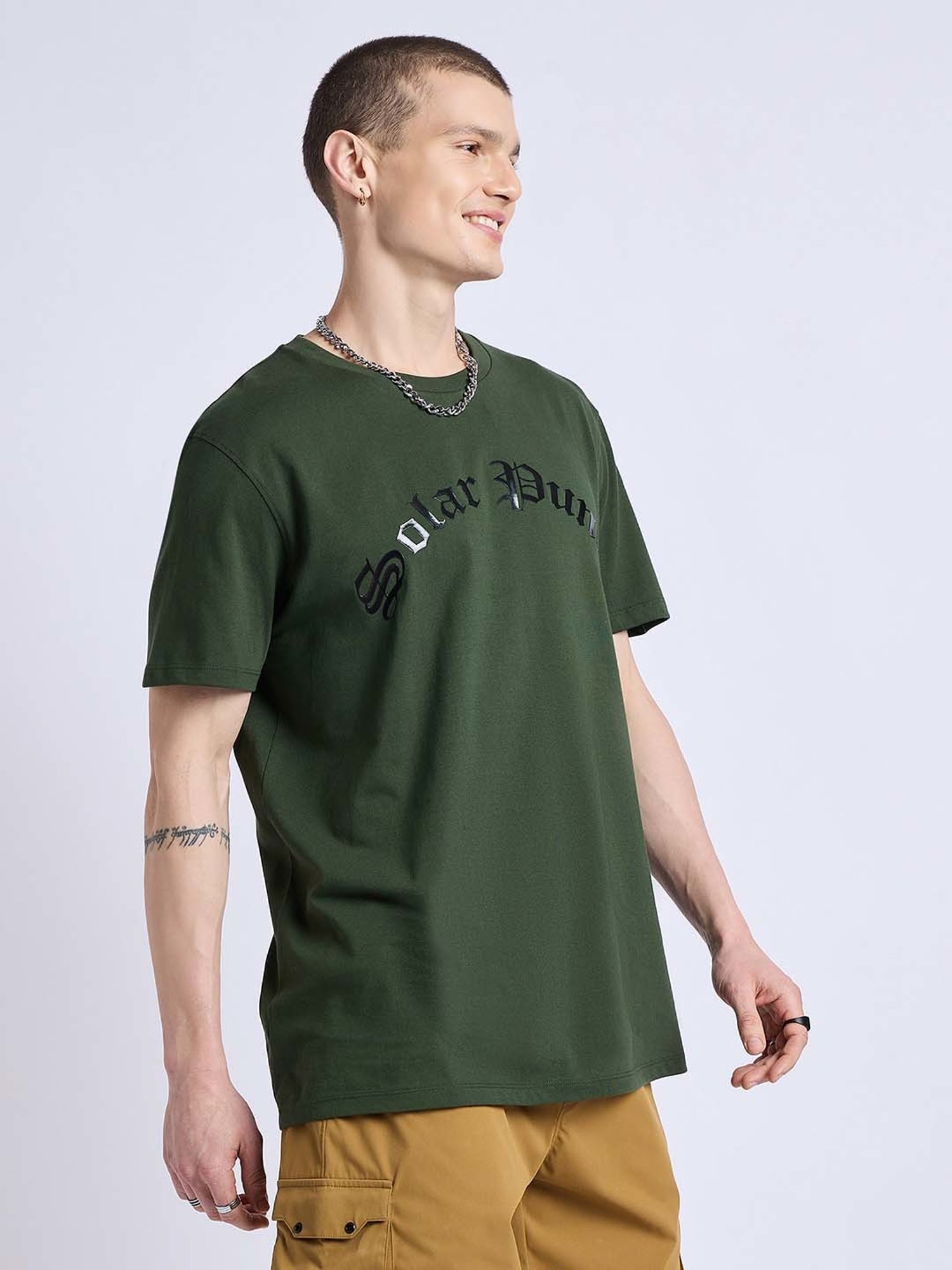 EDRIO Olive Regular Fit Printed Crew T-Shirt
