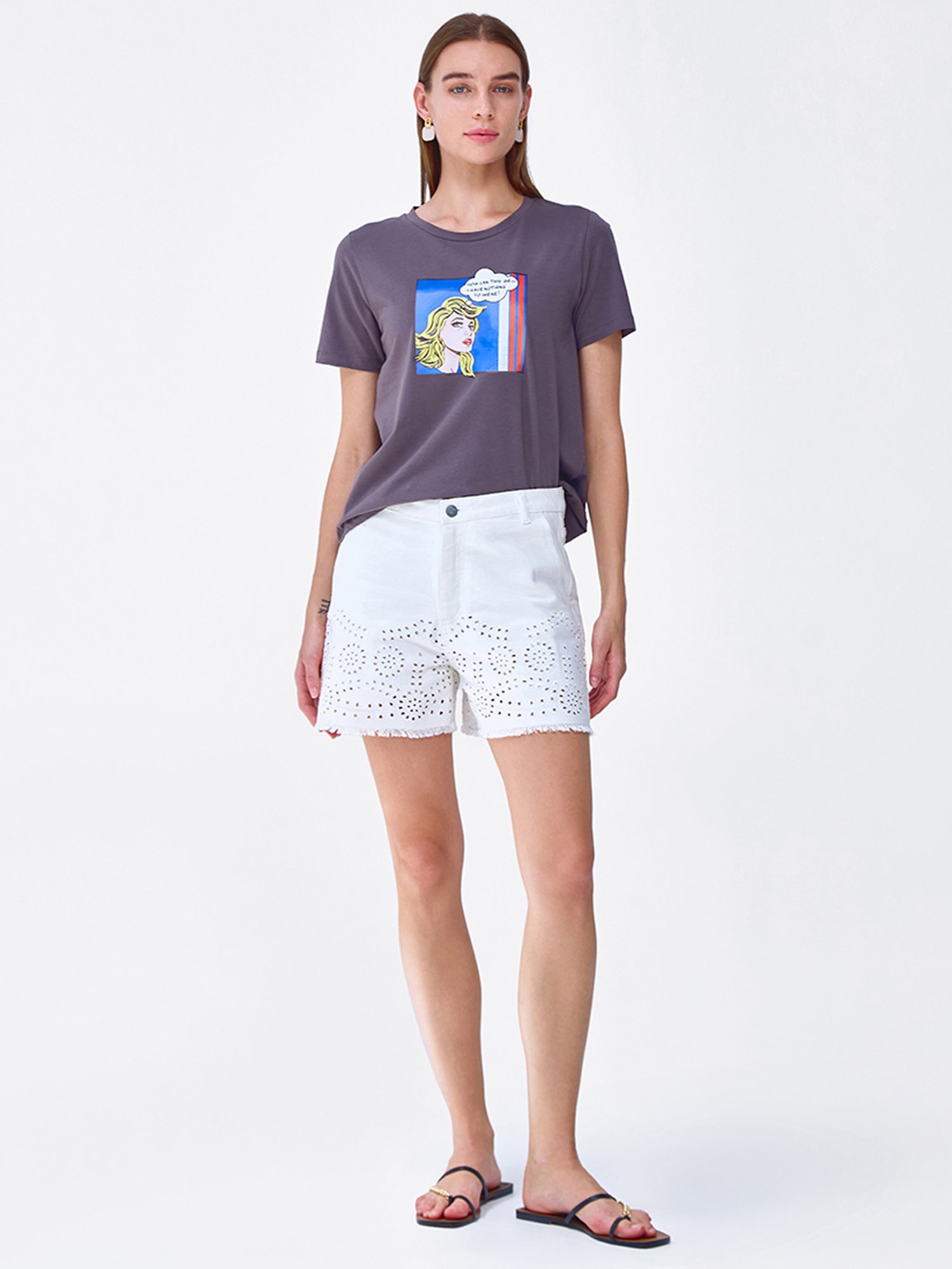 Cover Story Grey Cotton Printed T-Shirt