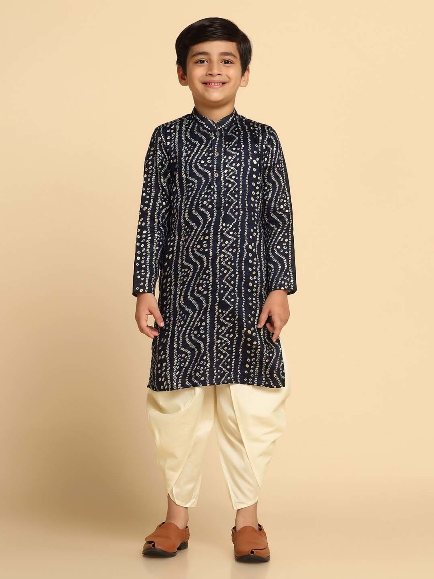KISAH Kids Navy & White Cotton Printed Full Sleeves Kurta Set